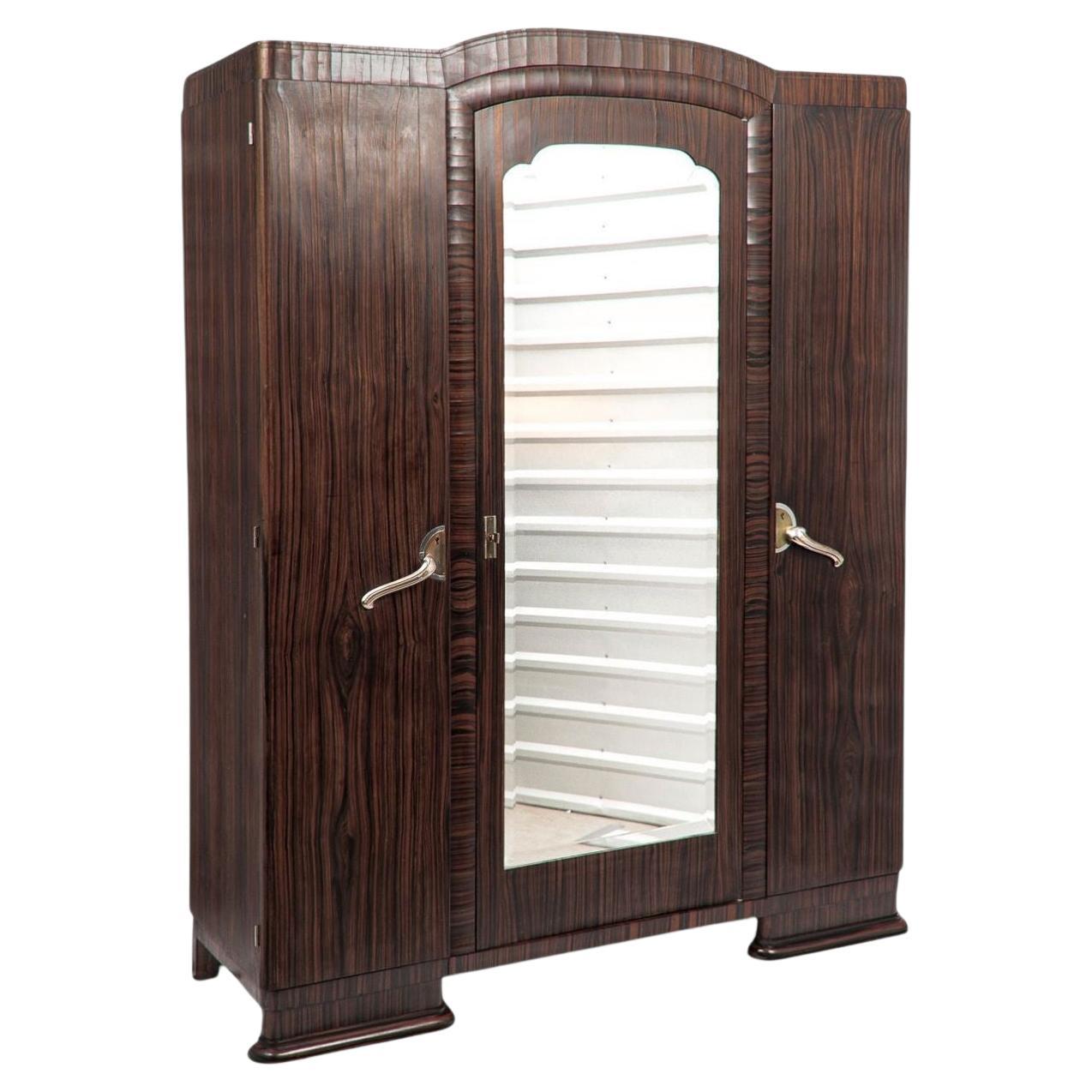 Antique French Art Deco Macassar Ebony Wood Wardrobe Armoire Cabinet, 1940s