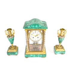 Antique French Art Deco Malachite & Champleve Crystal Regulator Mantle Clock