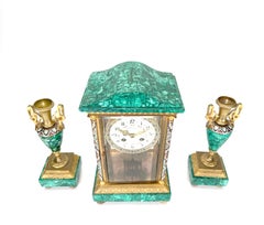 Antique French Art Deco Malachite & Champleve Crystal Regulator Mantle Clock