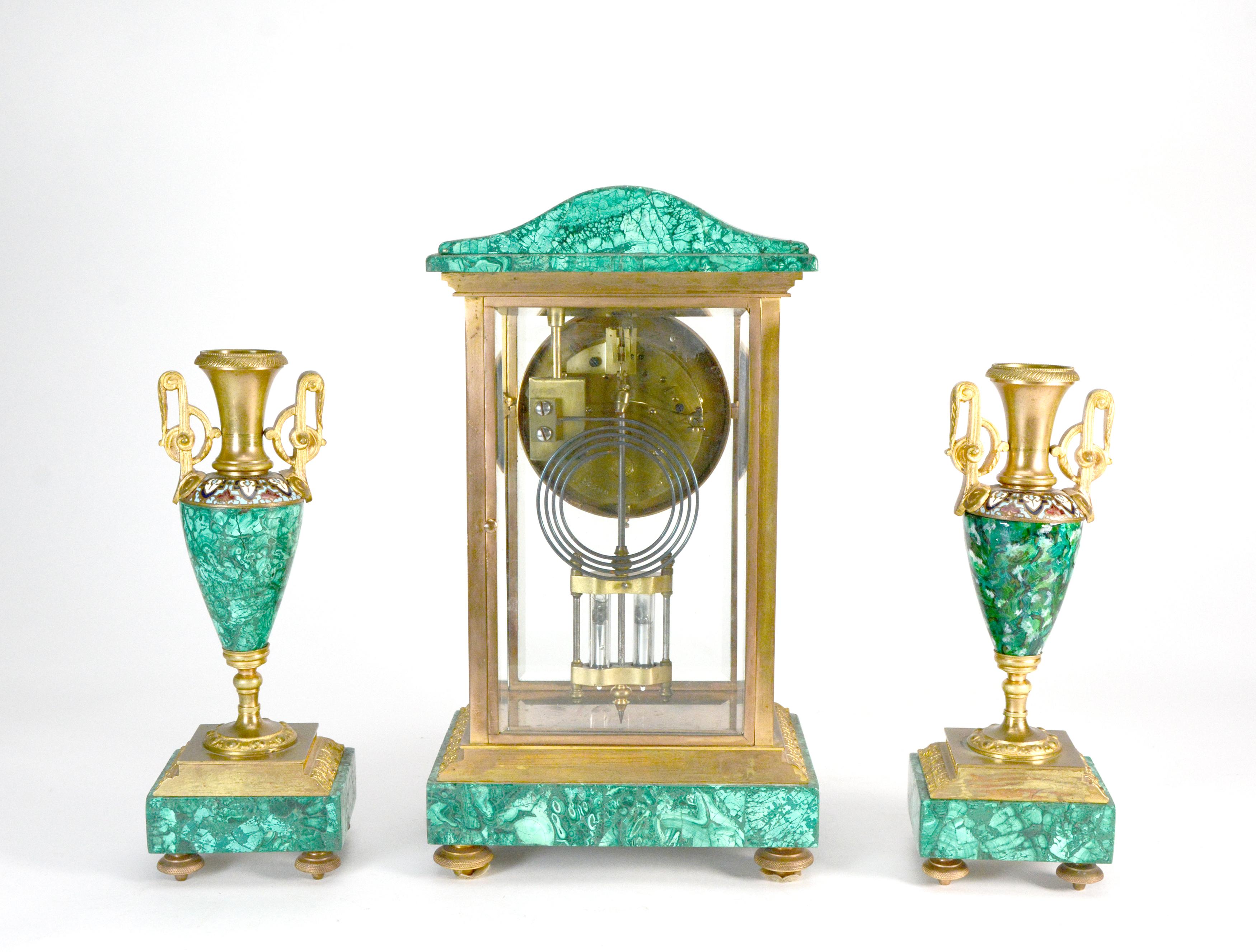 Antique French Art Decó Reloj de manto regulador de malaquita y cristal champleve Bronce en venta