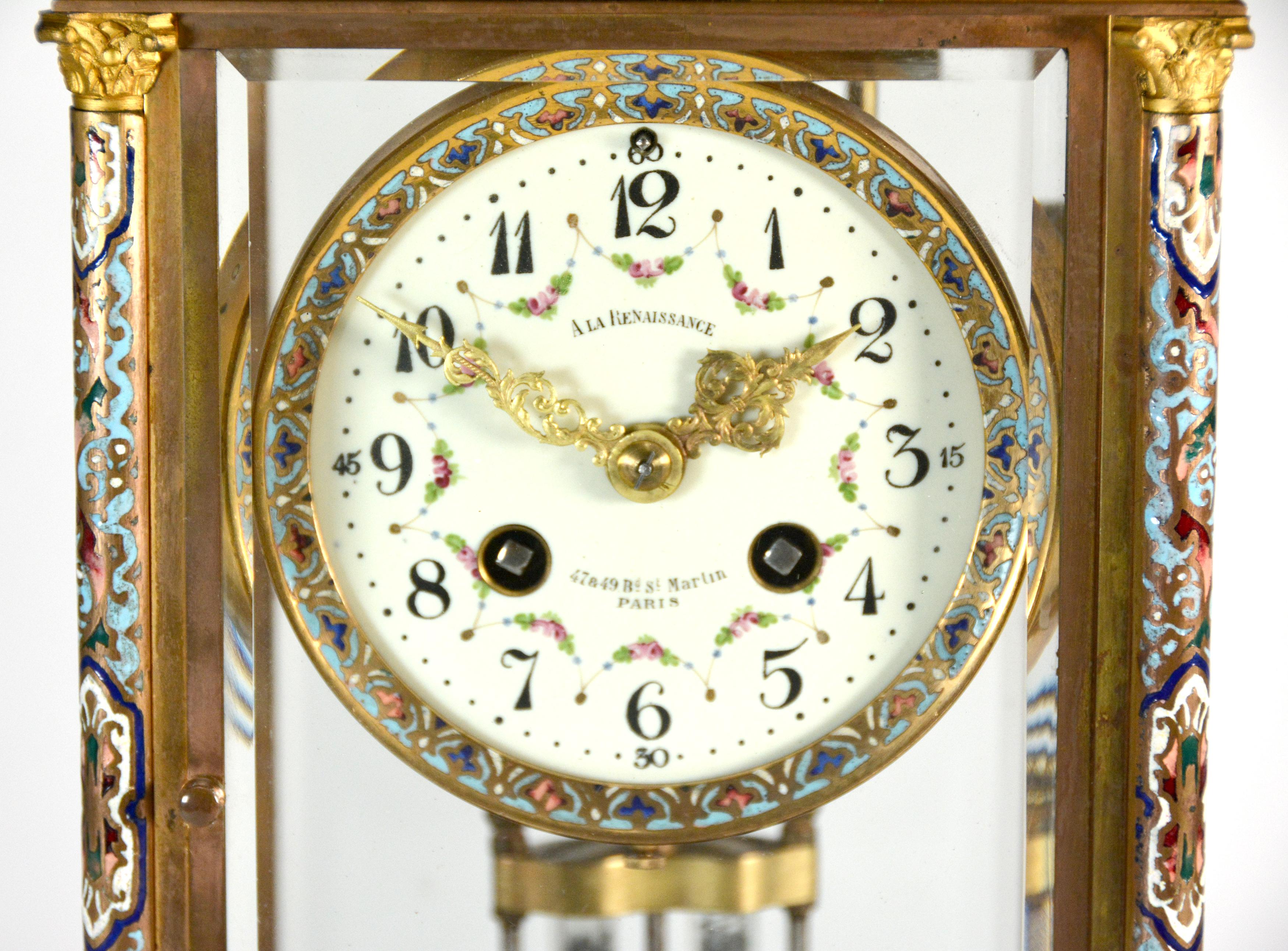 Antique French Art Decó Reloj de manto regulador de malaquita y cristal champleve en venta 2