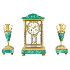 Antique French Art Deco Malachite & Champleve Crystal Regulator Mantle Clock
