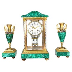 Antique French Art Deco Malachite & Champleve Crystal Regulator Mantle Clock
