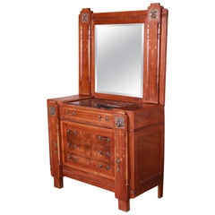 Antique French Art Deco Marble-Top Mahogany Dresser with Mirror, circa 1920s