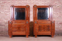 Antique French Art Deco Marble-Top Mahogany Dressers with Mirrors, Pair