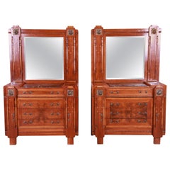 Antique French Art Deco Marble-Top Mahogany Dressers with Mirrors, Pair