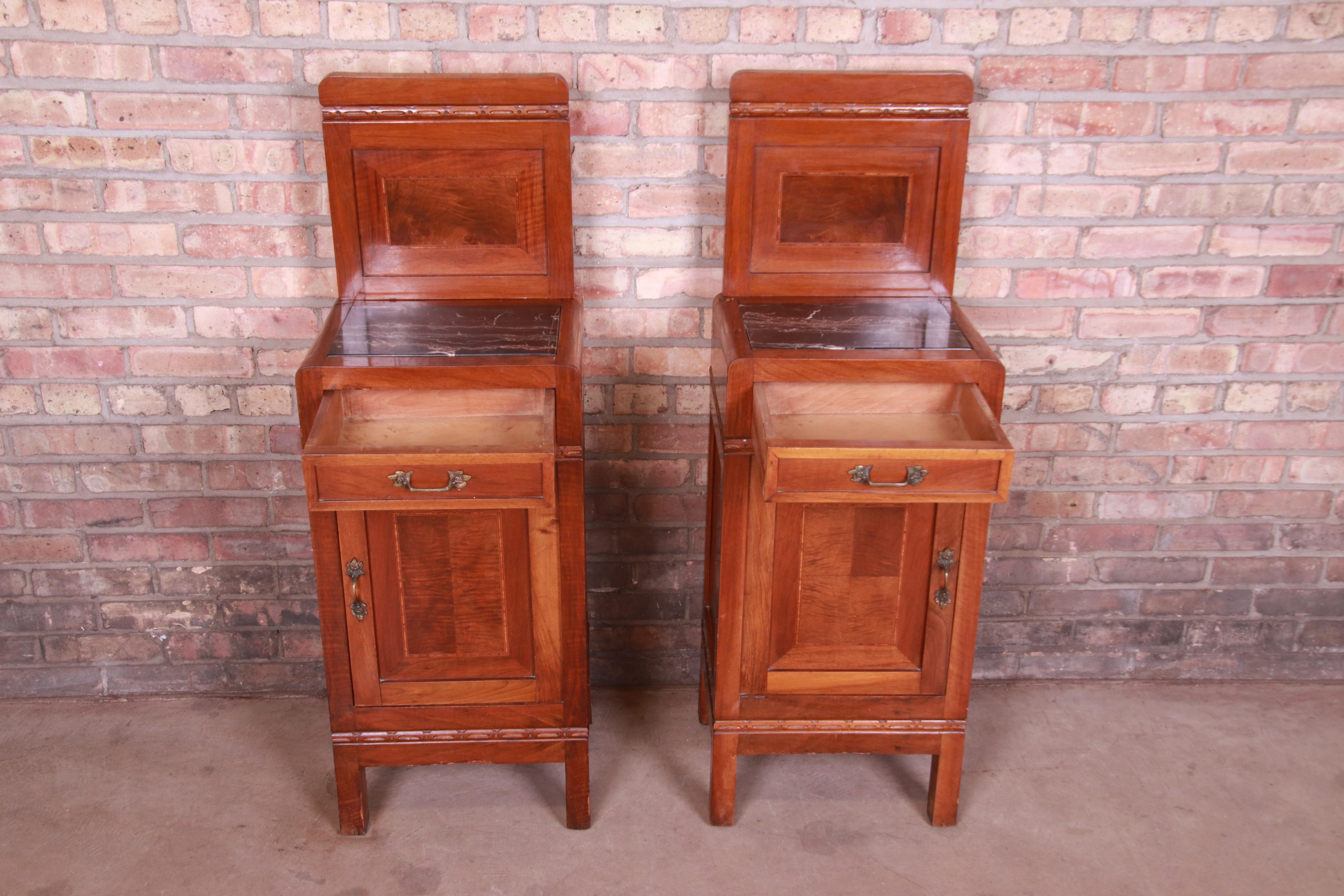 Antique French Art Deco Marble Top Mahogany Nightstands, circa 1920s 3
