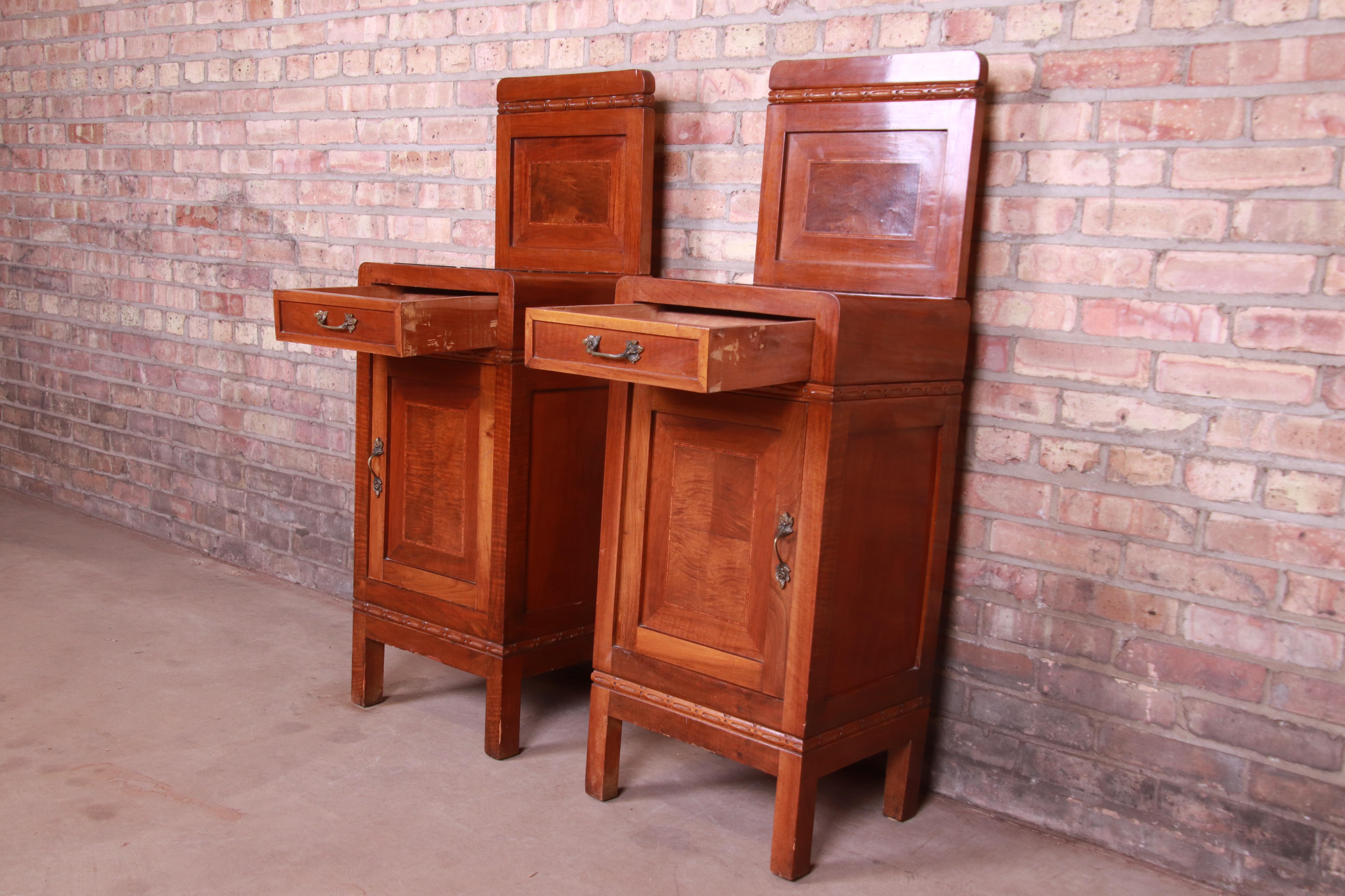 Antique French Art Deco Marble Top Mahogany Nightstands, circa 1920s 4