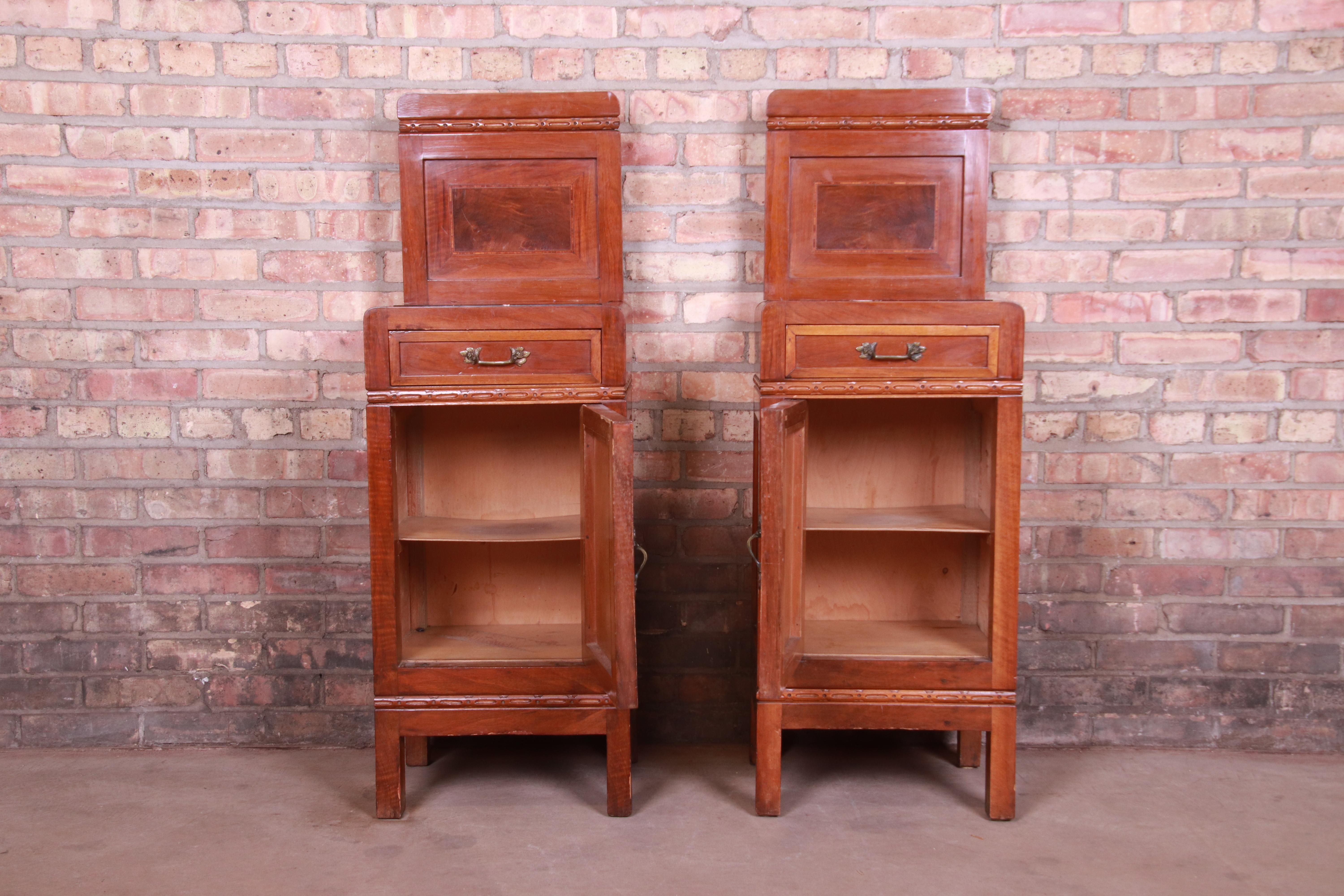 Antique French Art Deco Marble Top Mahogany Nightstands, circa 1920s 8