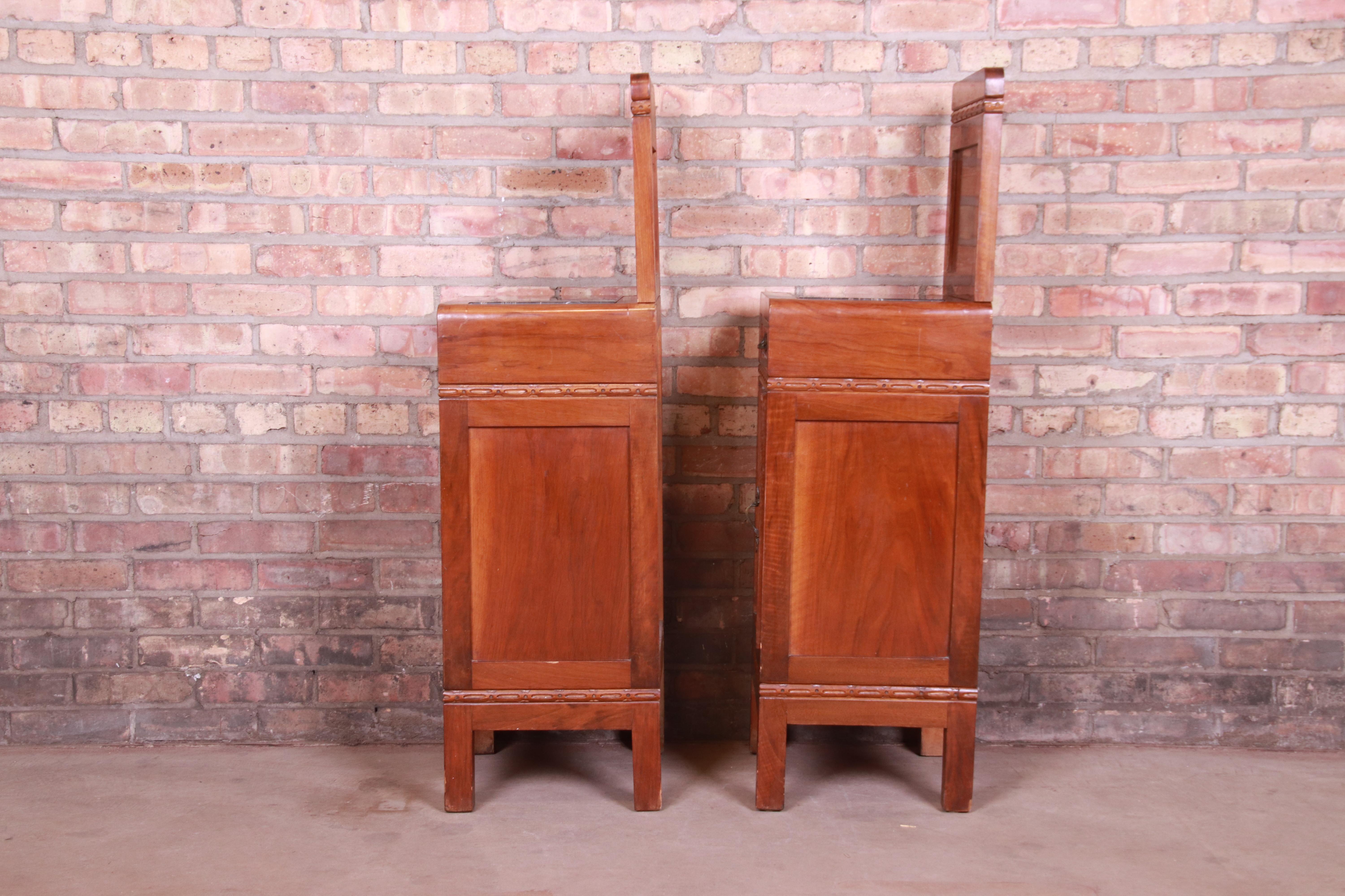 Antique French Art Deco Marble Top Mahogany Nightstands, circa 1920s 9