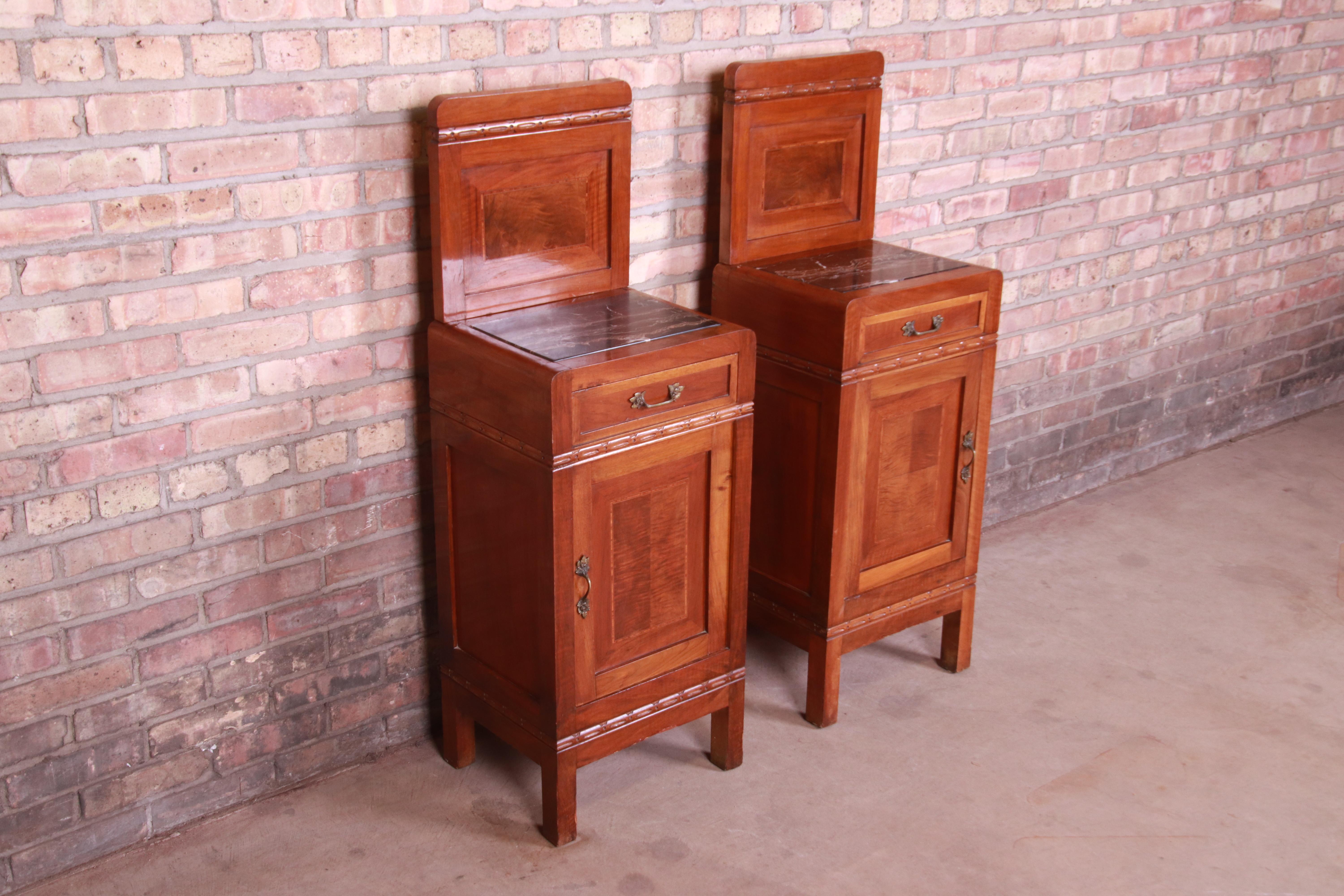 Antique French Art Deco Marble Top Mahogany Nightstands, circa 1920s In Good Condition In South Bend, IN