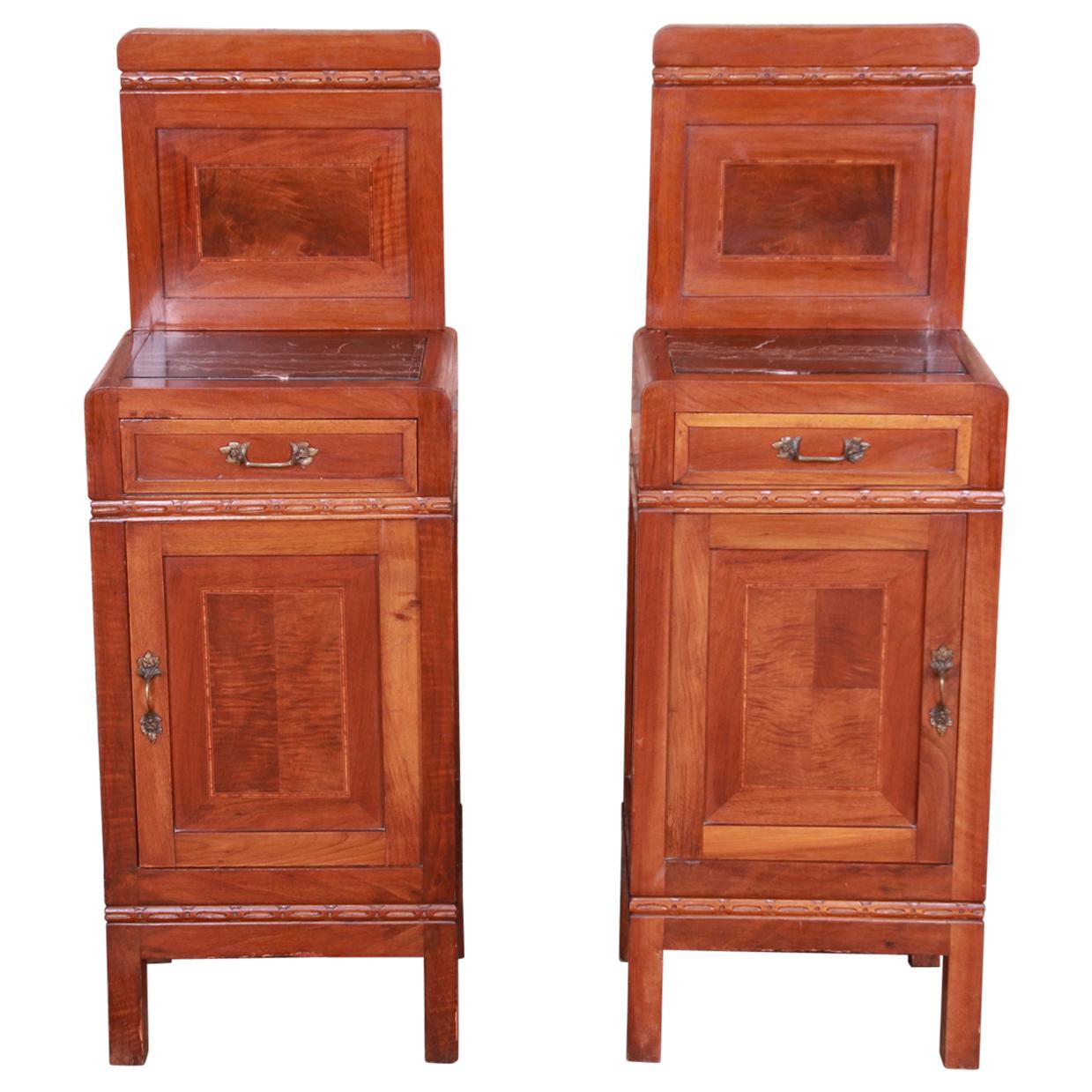 Antique French Art Deco Marble Top Mahogany Nightstands, circa 1920s