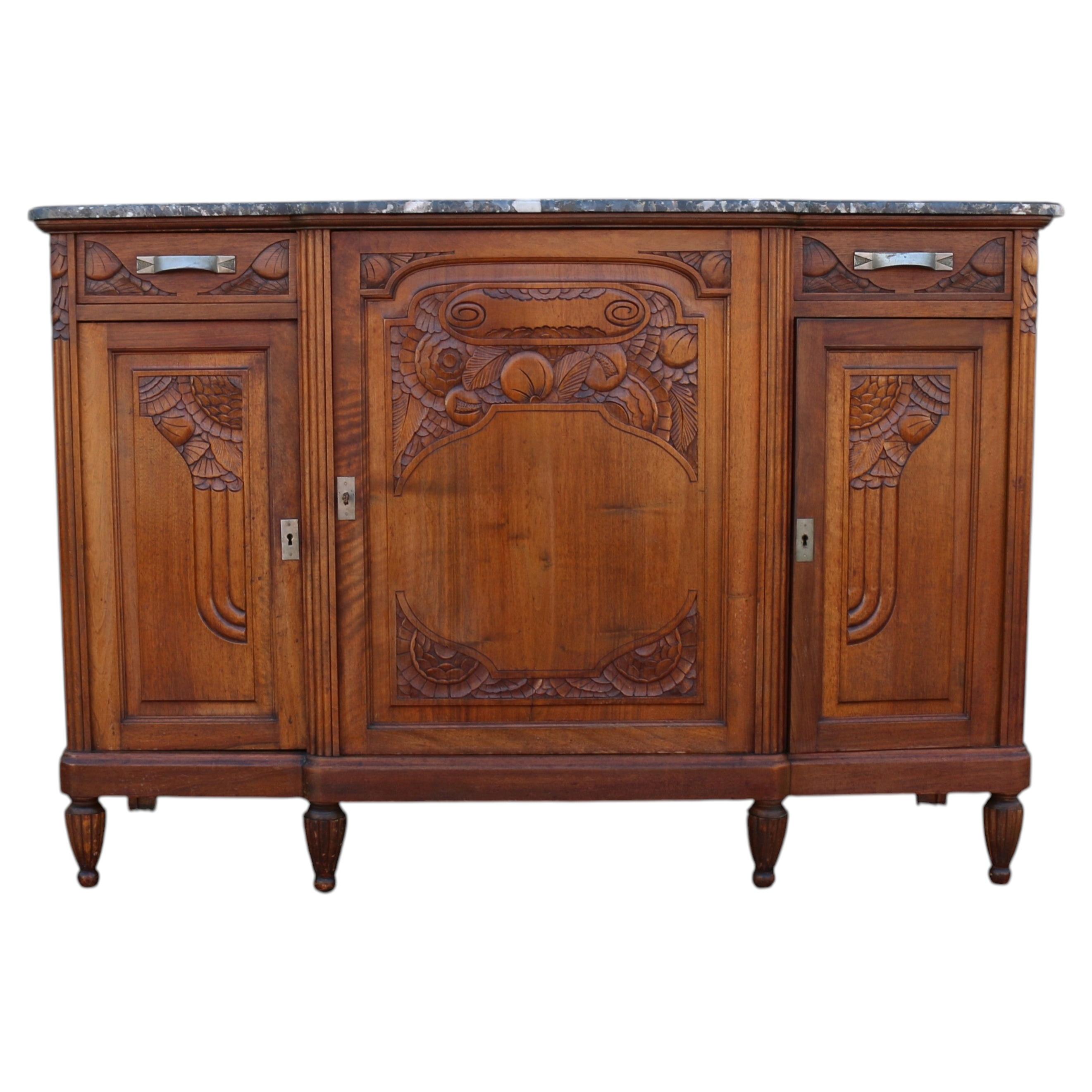 Antique French Art Deco Marble Top Sideboard Buffet Cabinet  Carved Solid Wood For Sale