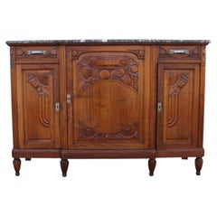 Antique French Art Deco Marble Top Sideboard Buffet Cabinet  Carved Solid Wood
