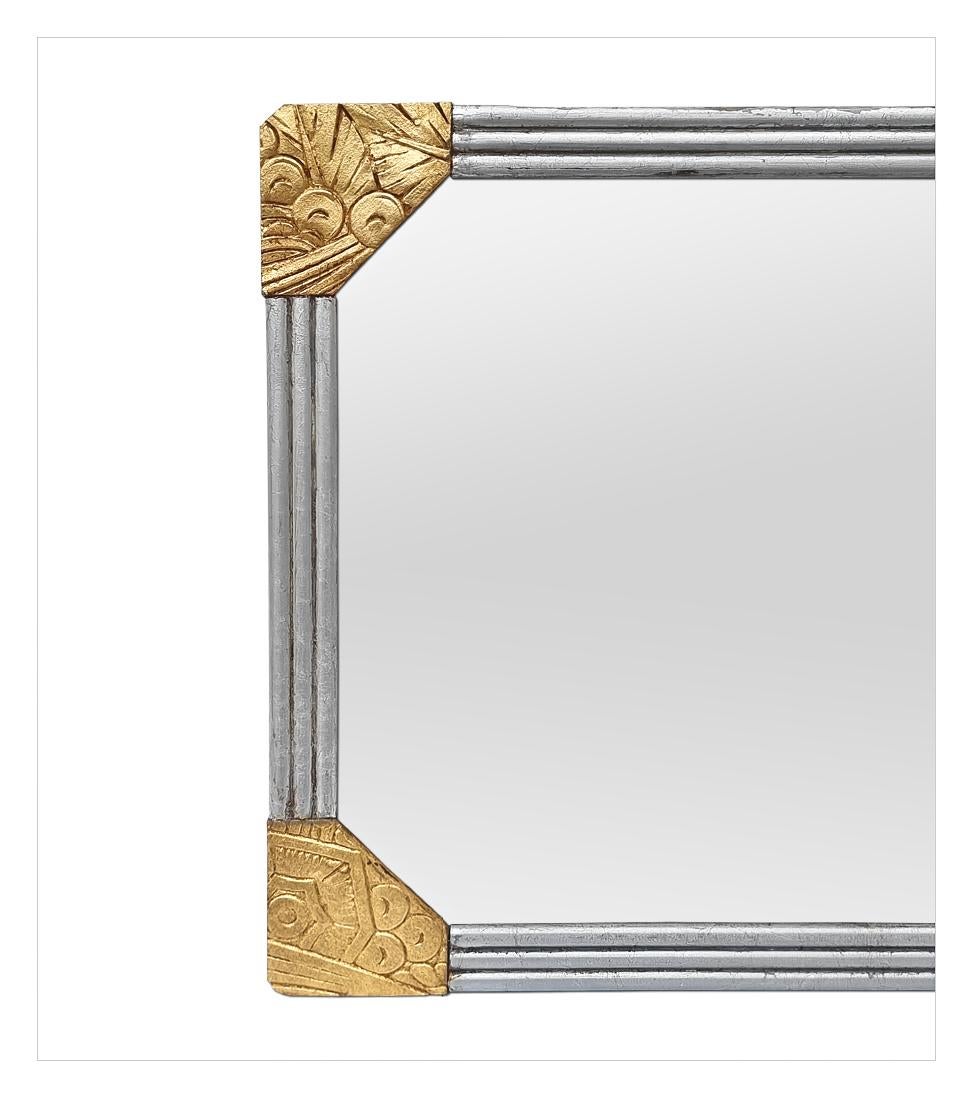 Antique French Art Deco Mirror, Gilded & Silvered Carved Wood, circa 1930 In Good Condition For Sale In Paris, FR