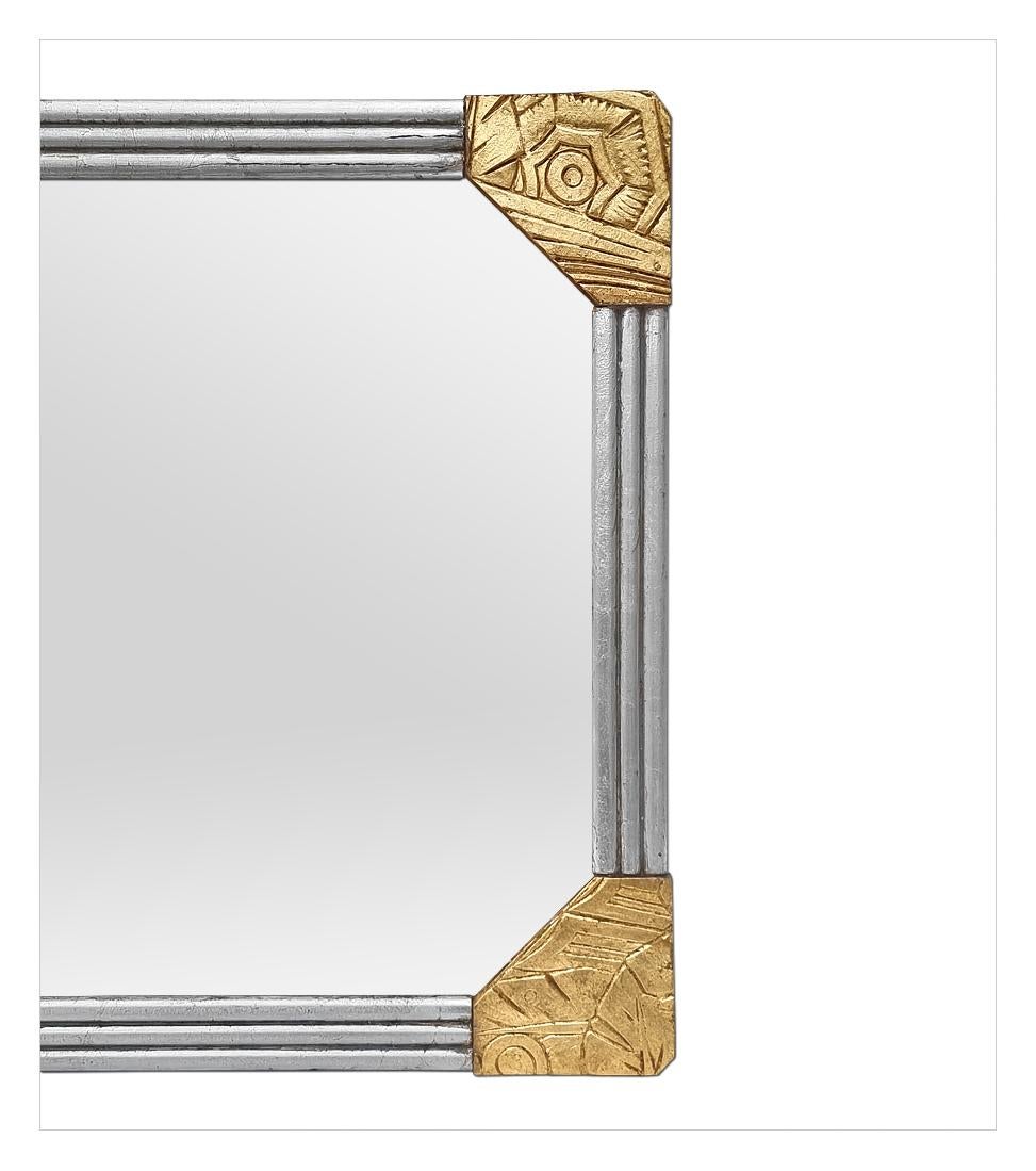 Glass Antique French Art Deco Mirror, Gilded & Silvered Carved Wood, circa 1930 For Sale