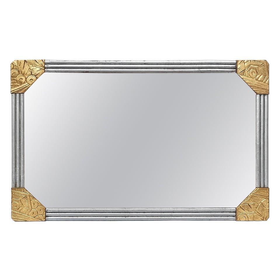 Antique French Deco Mirror, legno intagliato dorato e argentato, circa 1930