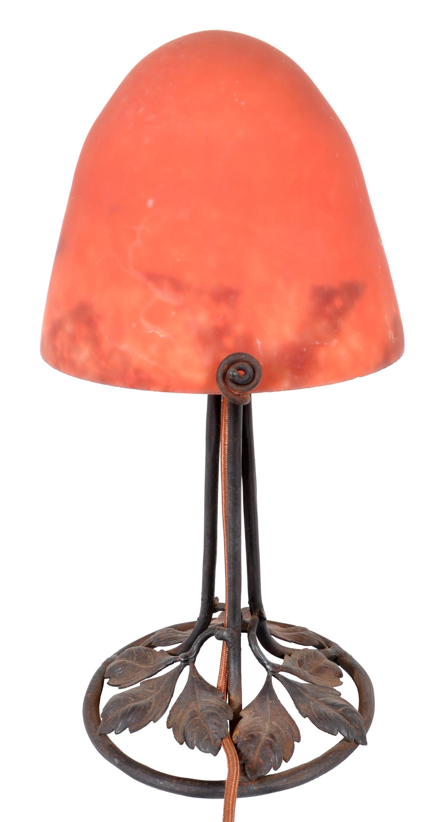 Hand-Crafted Antique French Art Deco 'Mushroom' Edgar Brandt Wrought Iron Daum Table Lamp