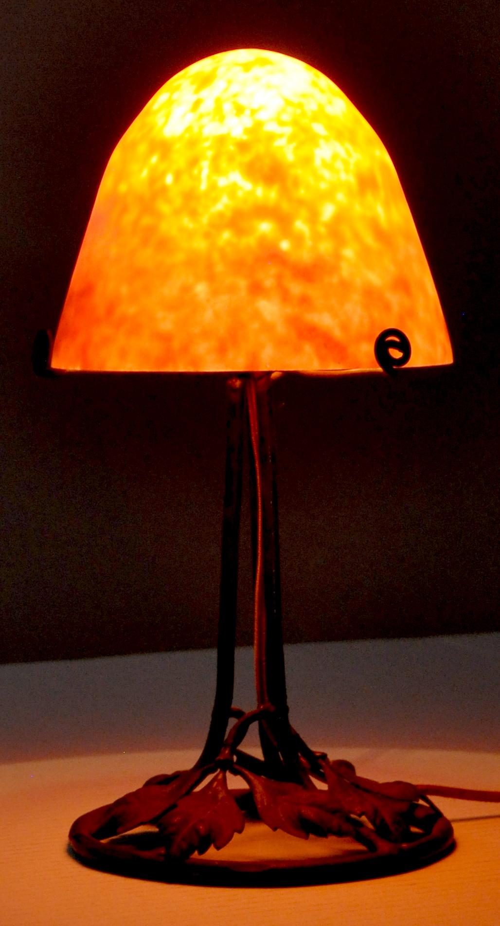 Antique French Art Deco 'Mushroom' Edgar Brandt Wrought Iron Daum Table Lamp 2