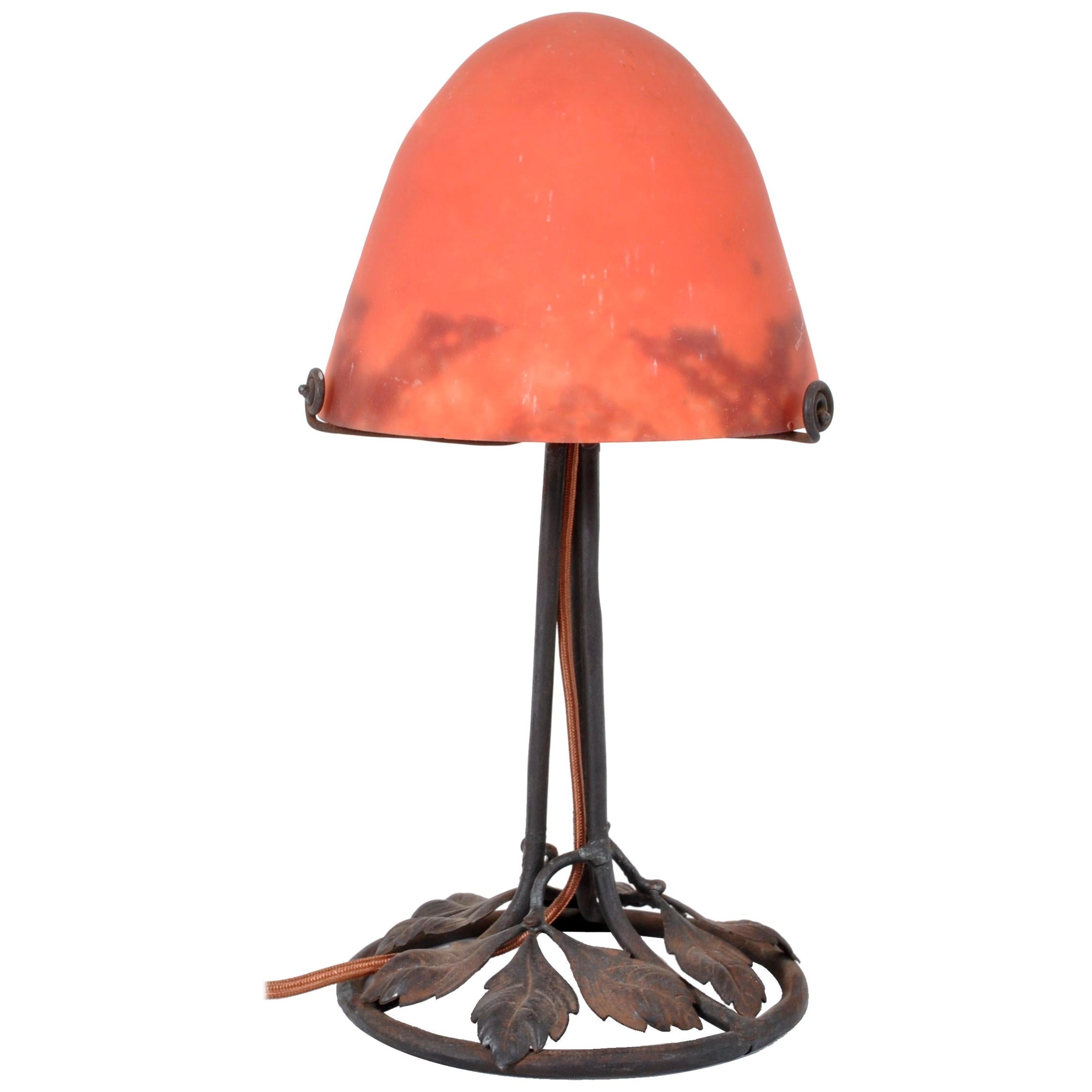 Antique French Art Deco 'Mushroom' Edgar Brandt Wrought Iron Daum Table Lamp