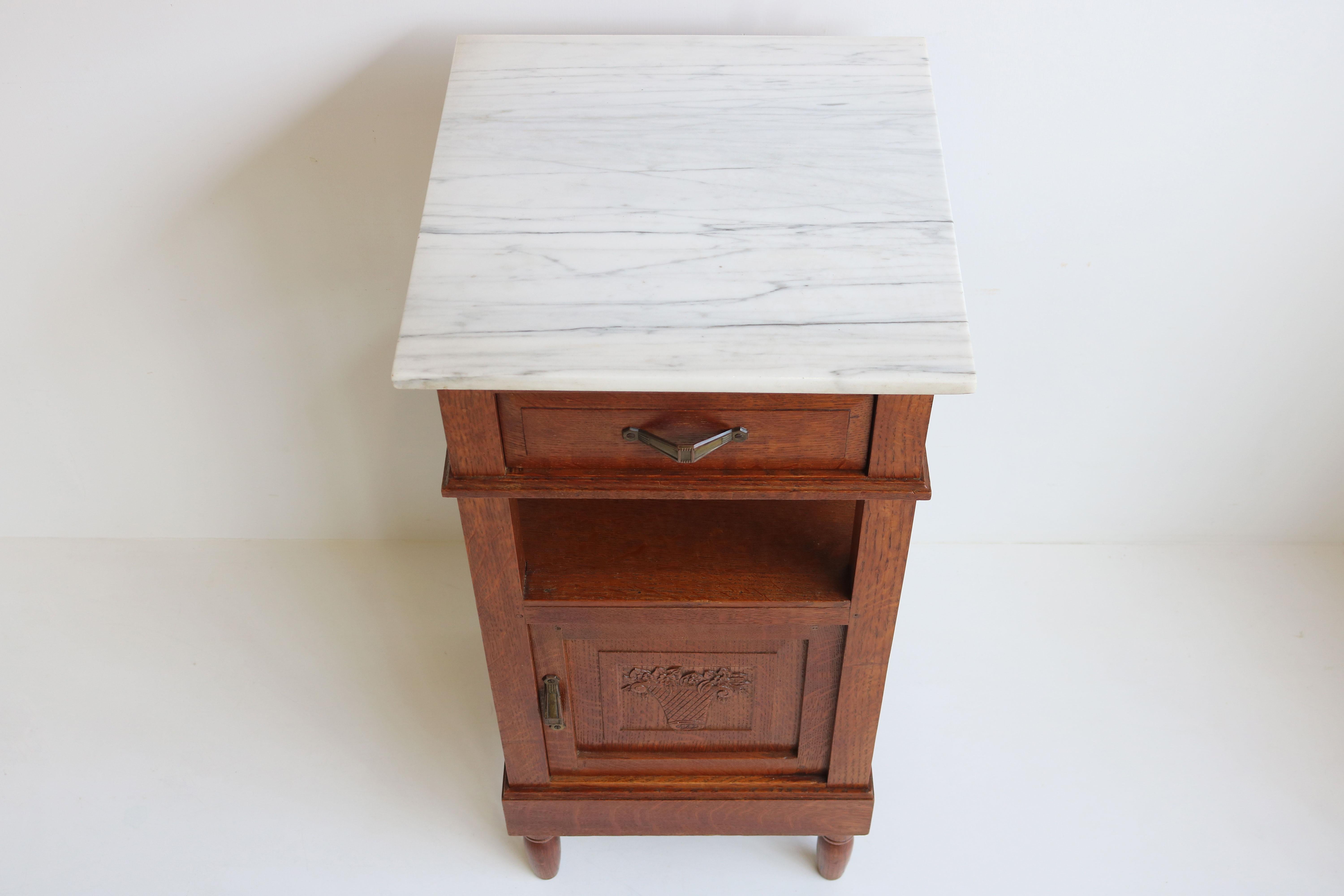 Antique French Art Deco Night Stand / Side Table 1920 Hand Carved Oak Marble Top 3