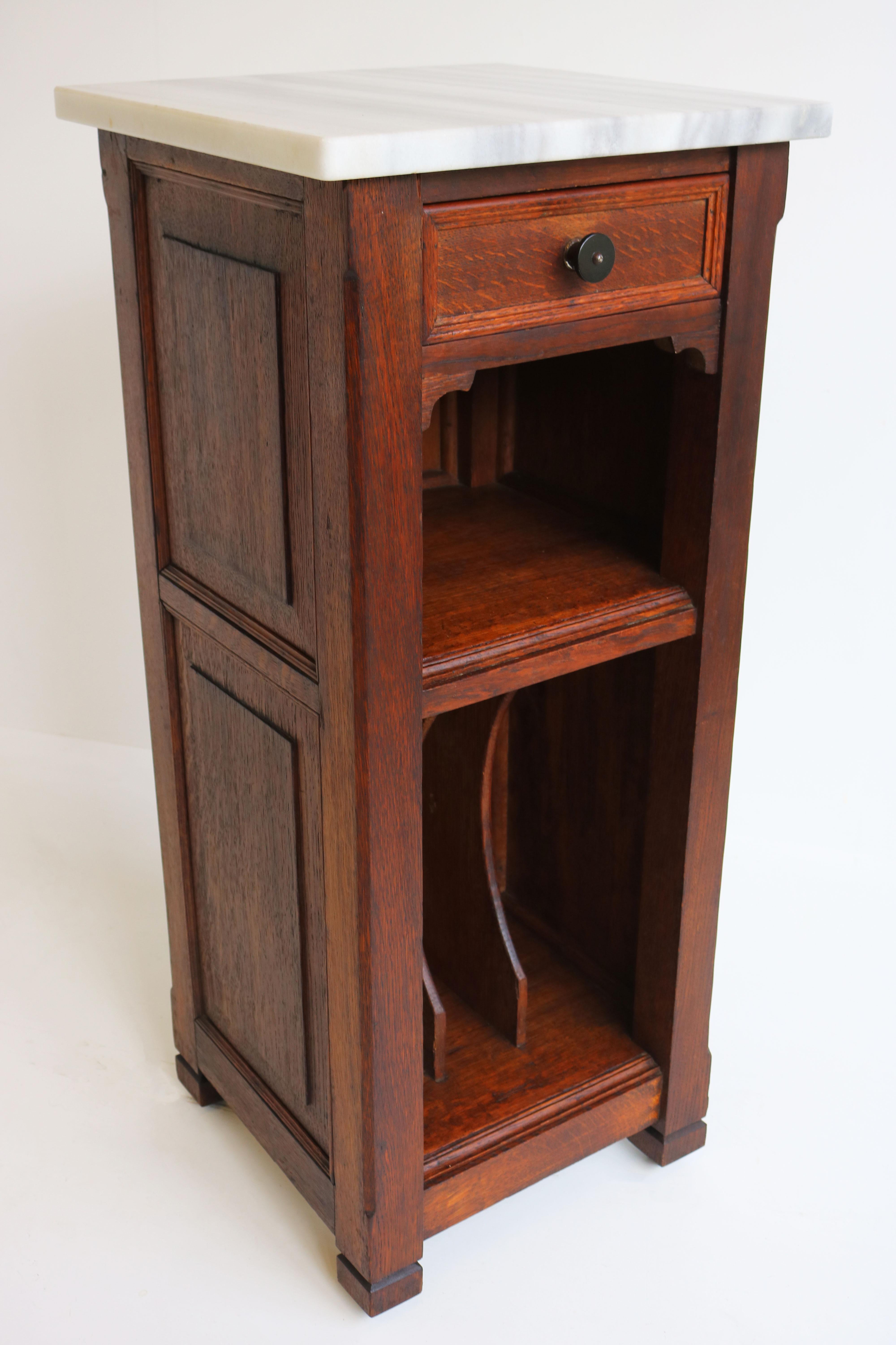 Hand-Crafted Antique French Art Deco Nightstand / Record Cabinet 1920 Solid Oak Marble Top For Sale