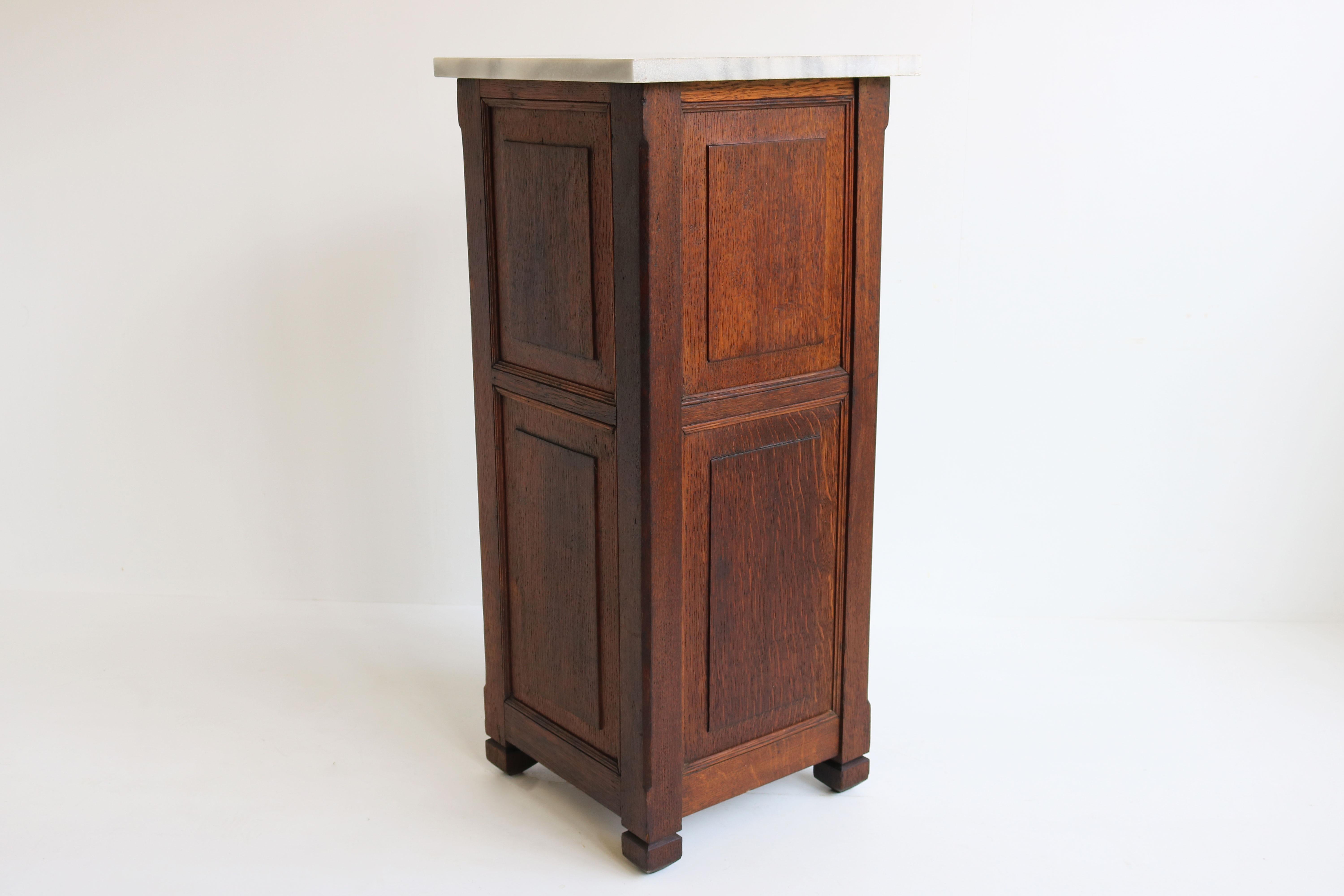Early 20th Century Antique French Art Deco Nightstand / Record Cabinet 1920 Solid Oak Marble Top For Sale