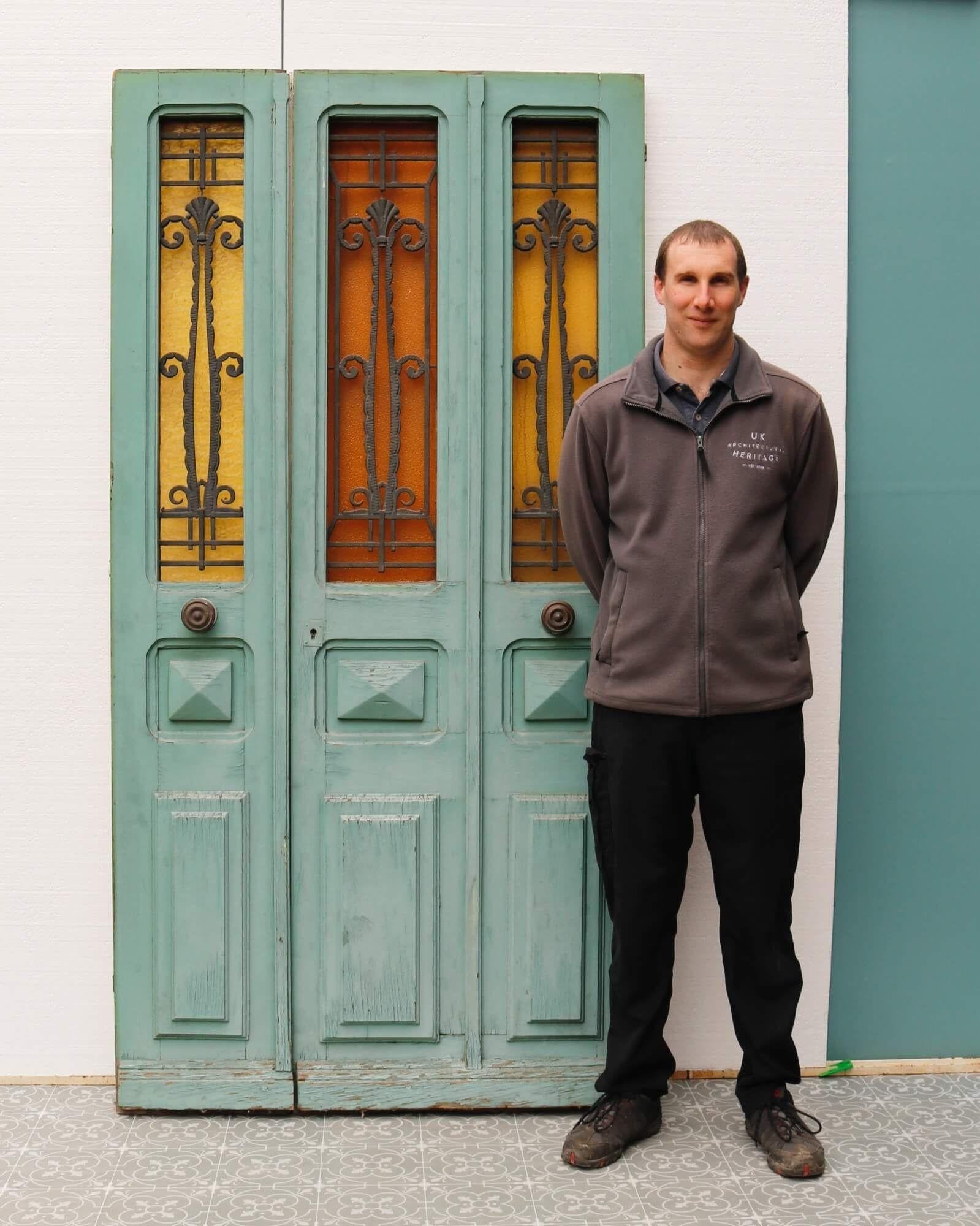 This antique French Art Deco oak pine door was reclaimed from a property in Le Mans, France. Currently finished with desirable distressed paint in a soft duck egg green to one side, this would certainly make a beautiful exterior door for an entrance