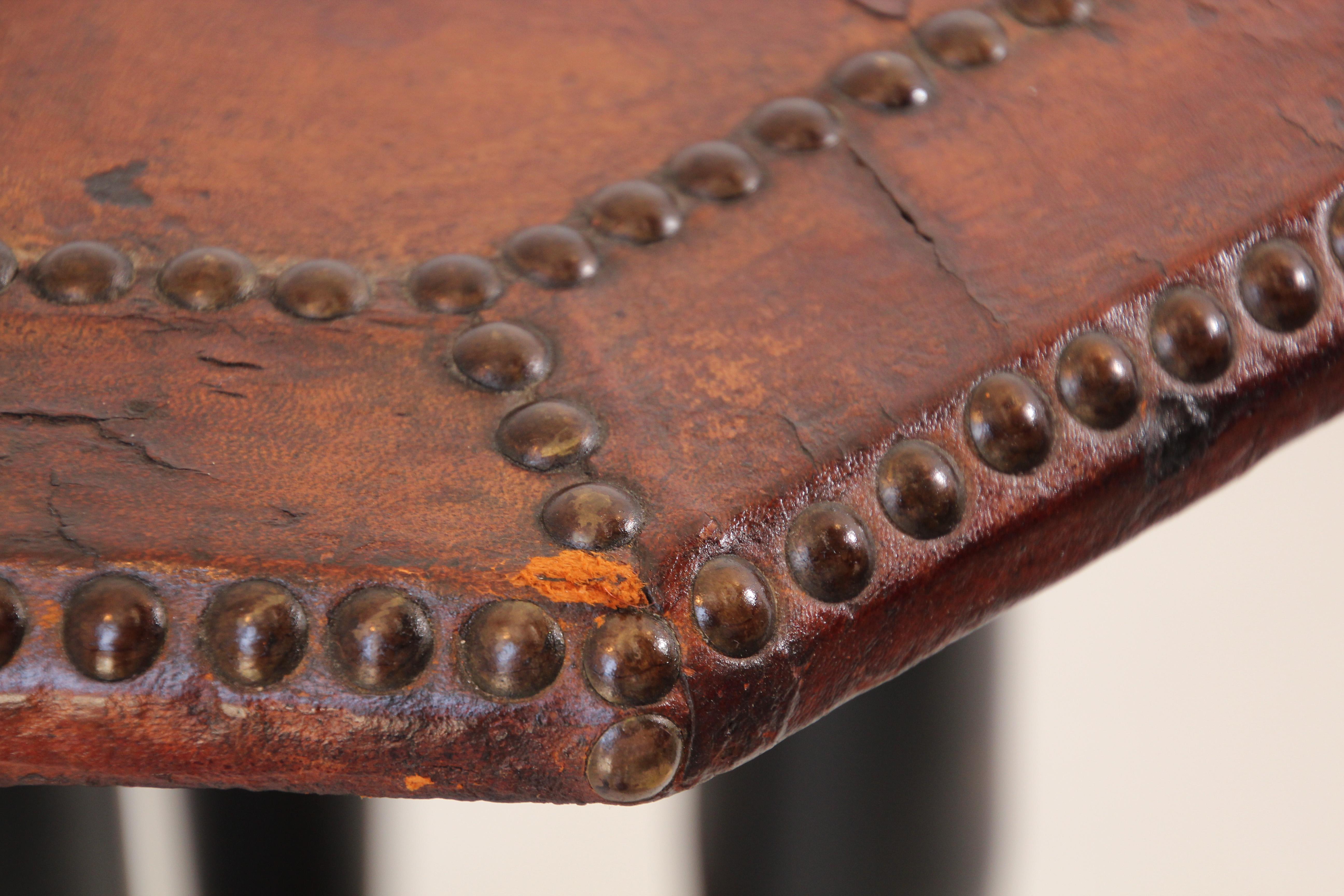 20th Century Antique French Art Deco Octagonal Brown Leather Studded Bistro Side Table