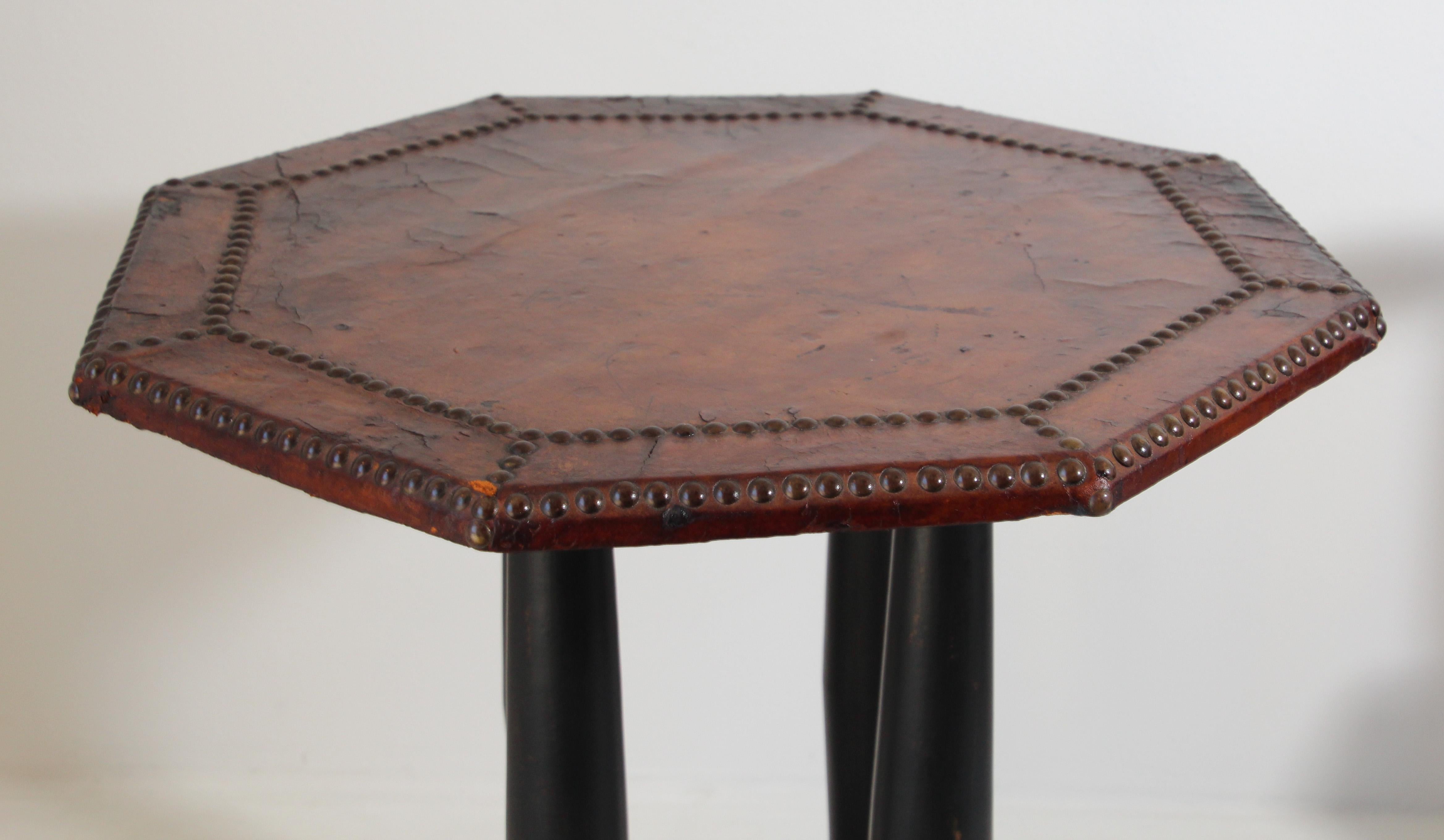 Antique French Art Deco Octagonal Brown Leather Studded Bistro Side Table 4