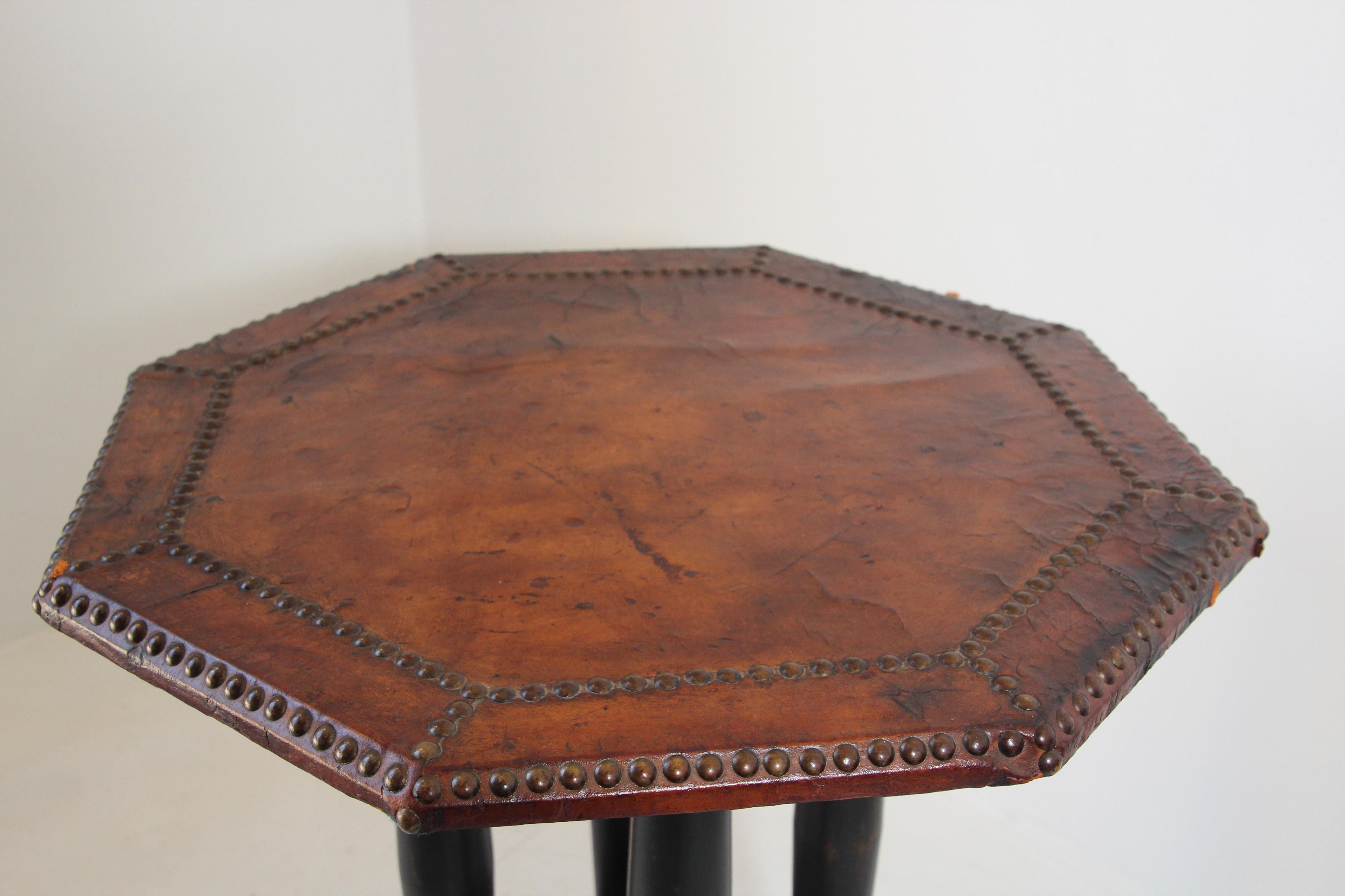 Antique French Art Deco Octagonal Brown Leather Studded Bistro Side Table 6