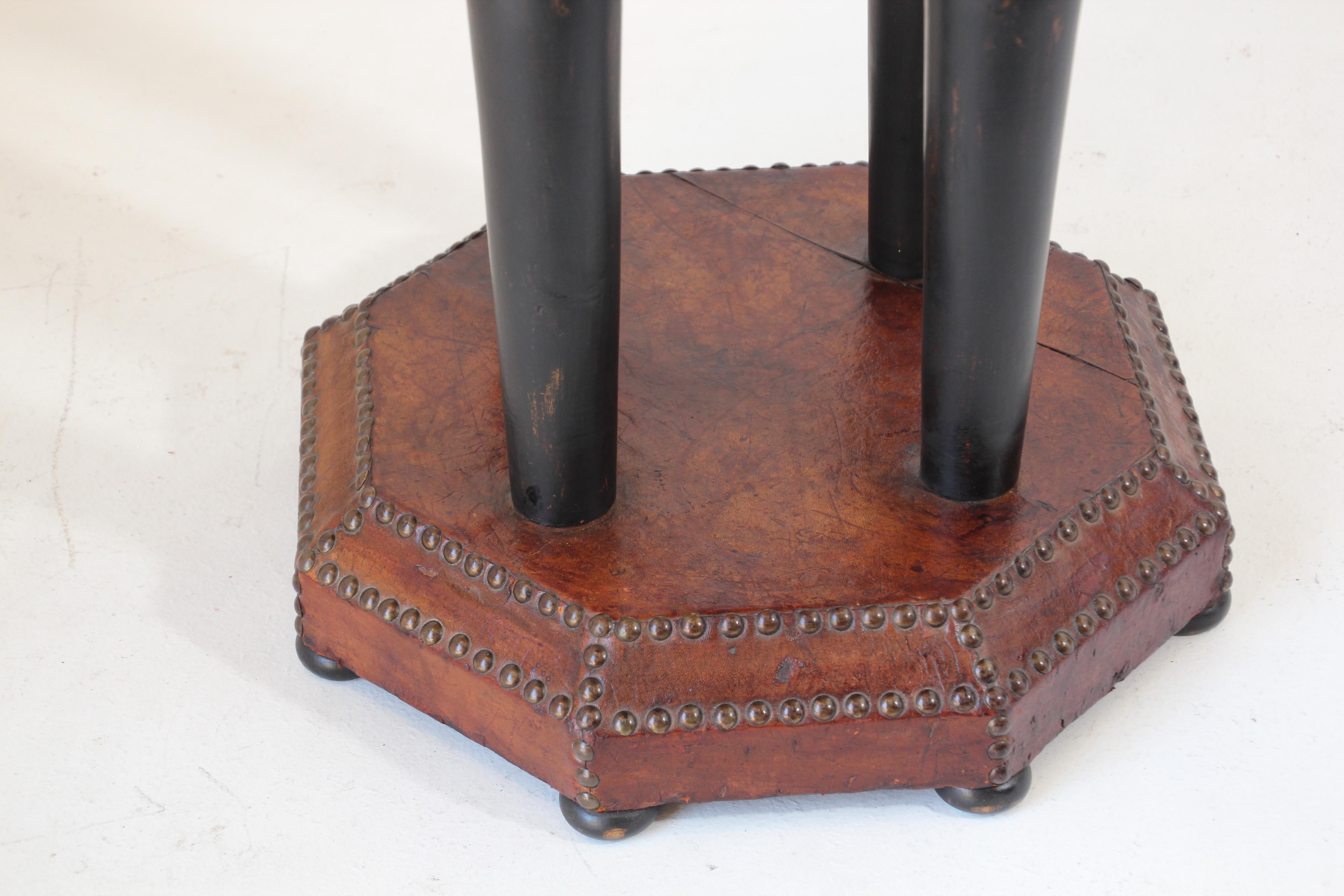 Antique French Art Deco Octagonal Brown Leather Studded Bistro Side Table 7