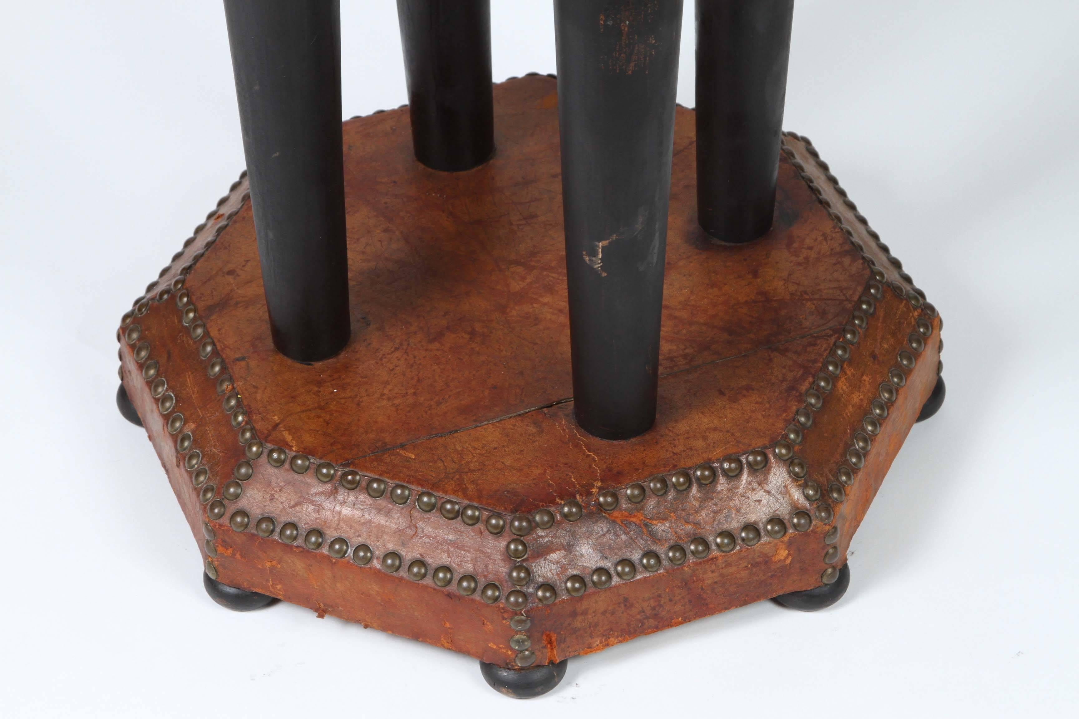 Hand-Crafted Antique French Art Deco Octagonal Brown Leather Studded Bistro Side Table