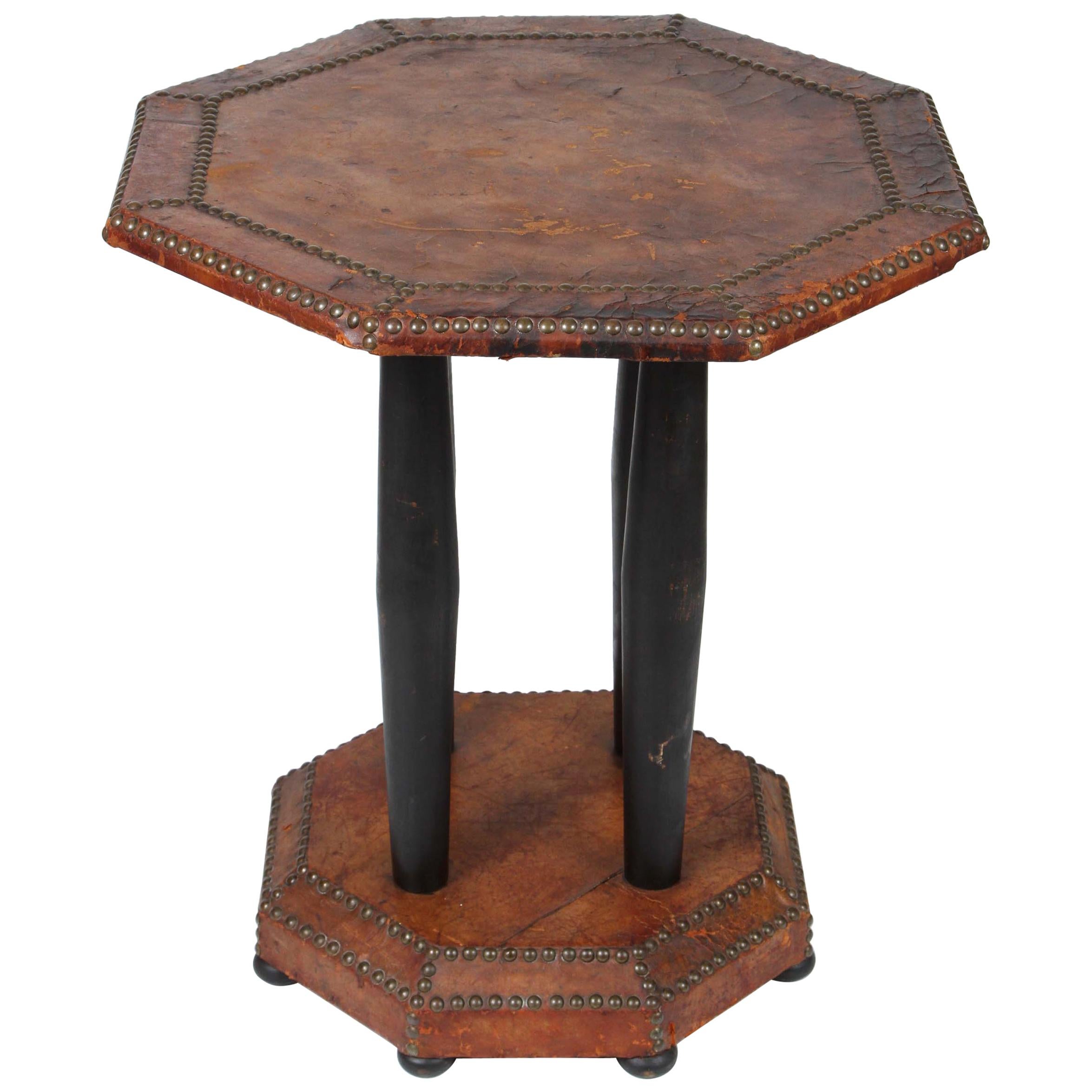 Antique French Art Deco Octagonal Brown Leather Studded Bistro Side Table