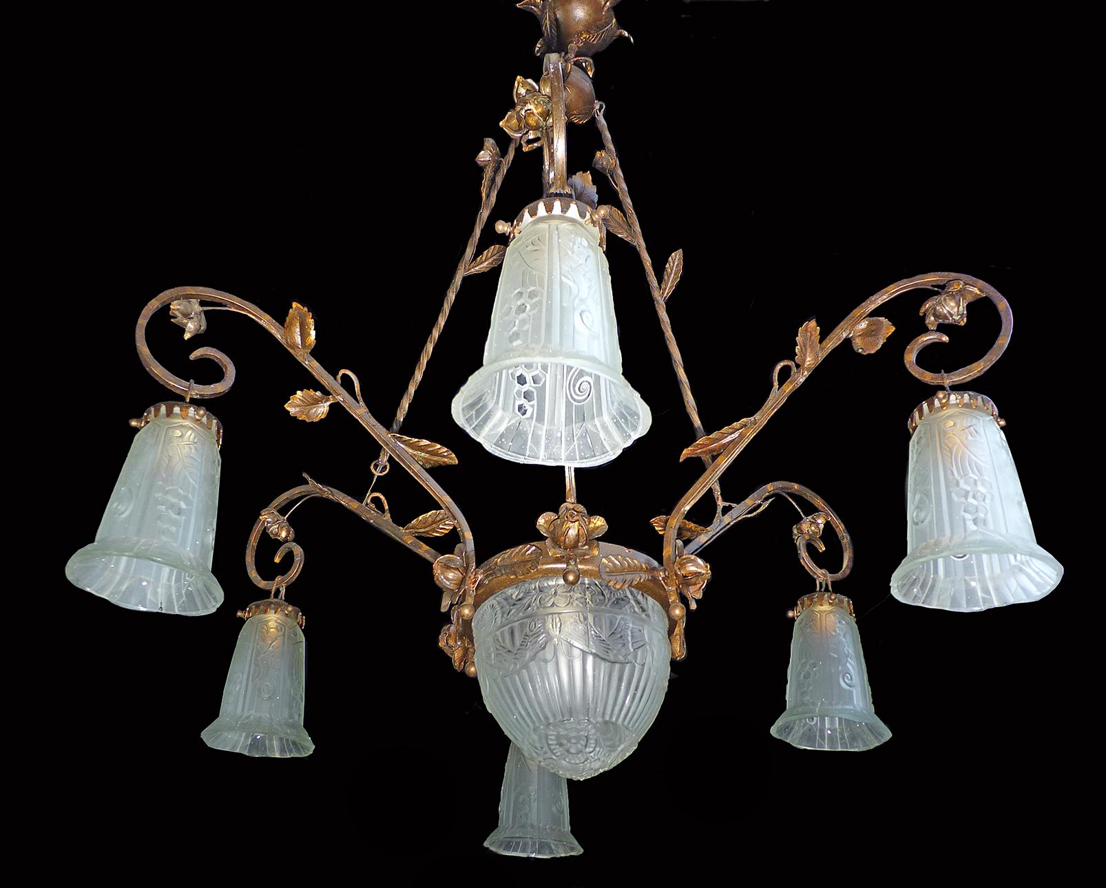 Frosted Antique French Art Deco or Art Nouveau Gilt Forged Iron Flowers Large Chandelier