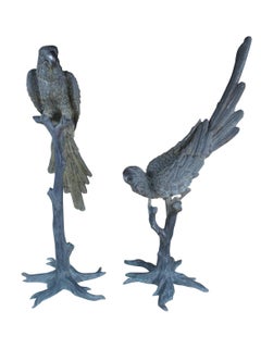 Antique French Art Deco Coppia di pappagalli in bronzo a grandezza naturale Sculture di uccelli Statue 55