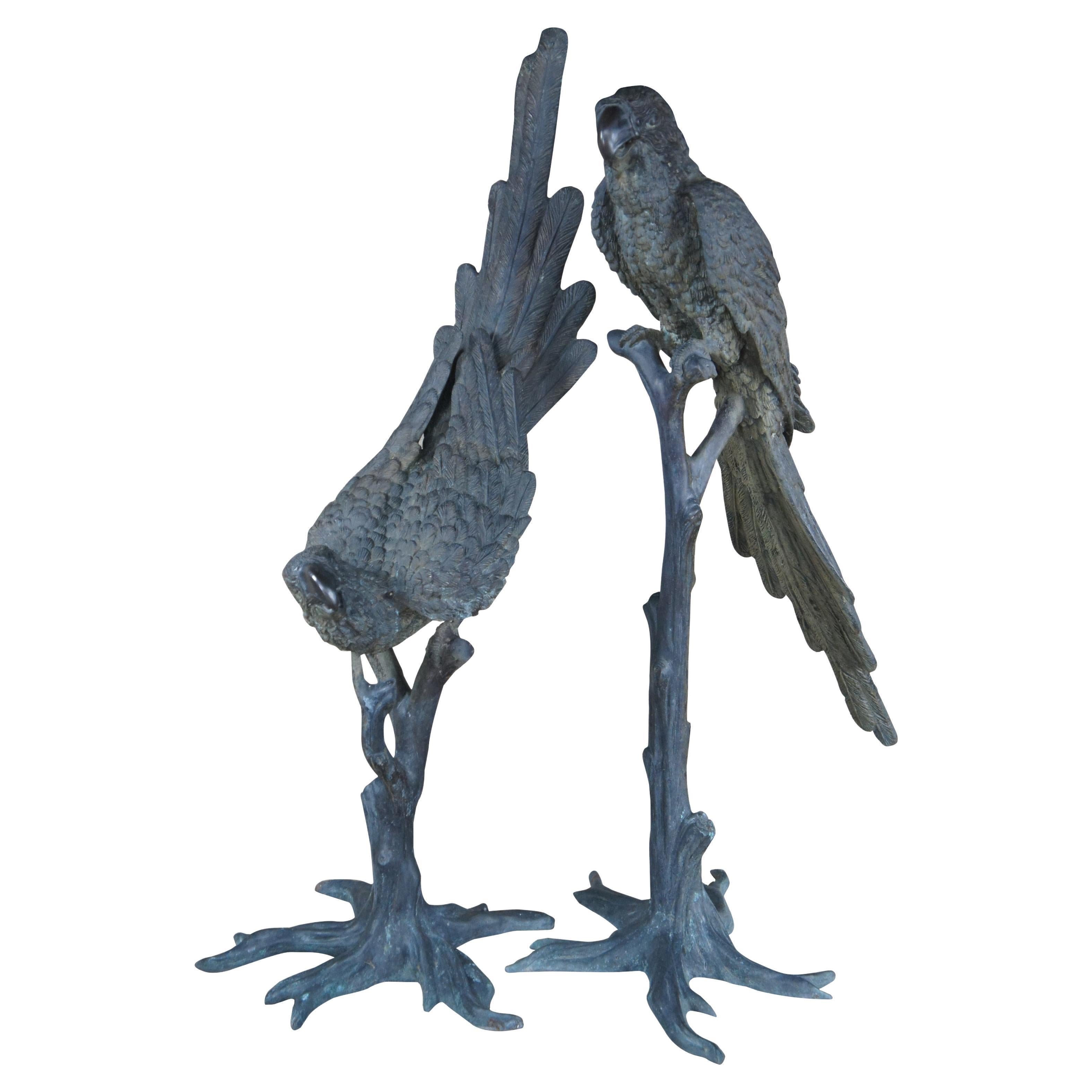 Antique French Art Deco Pair Lifesize Bronze Parrot Bird Sculptures Statues 55" For Sale
