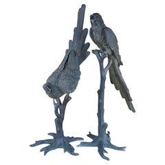 Antique French Art Deco Pair Lifesize Bronze Parrot Bird Sculptures Statues 55"
