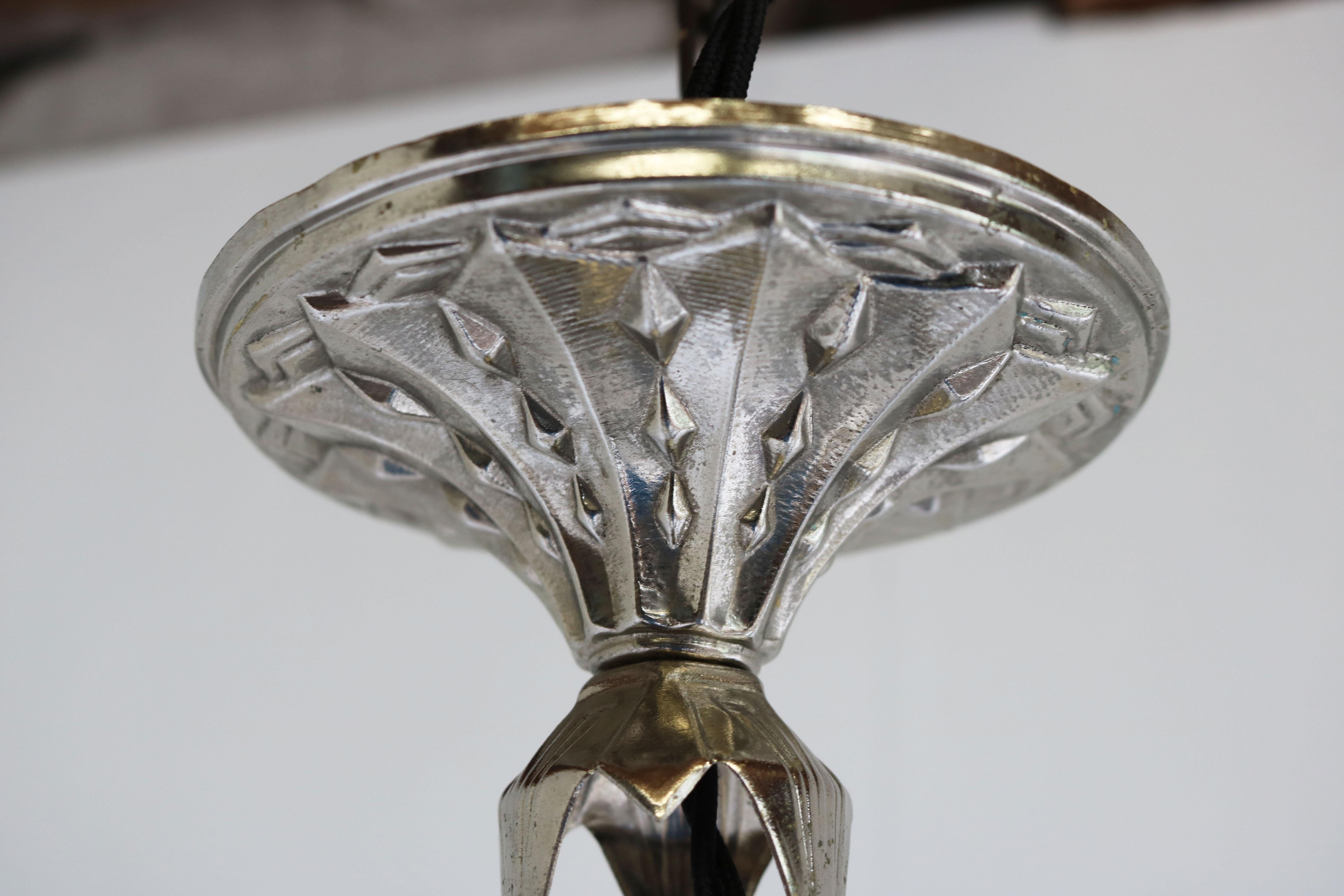 Mid-20th Century Antique French Art Deco Pendant / Chandelier by David Gueron Degue White Glass For Sale