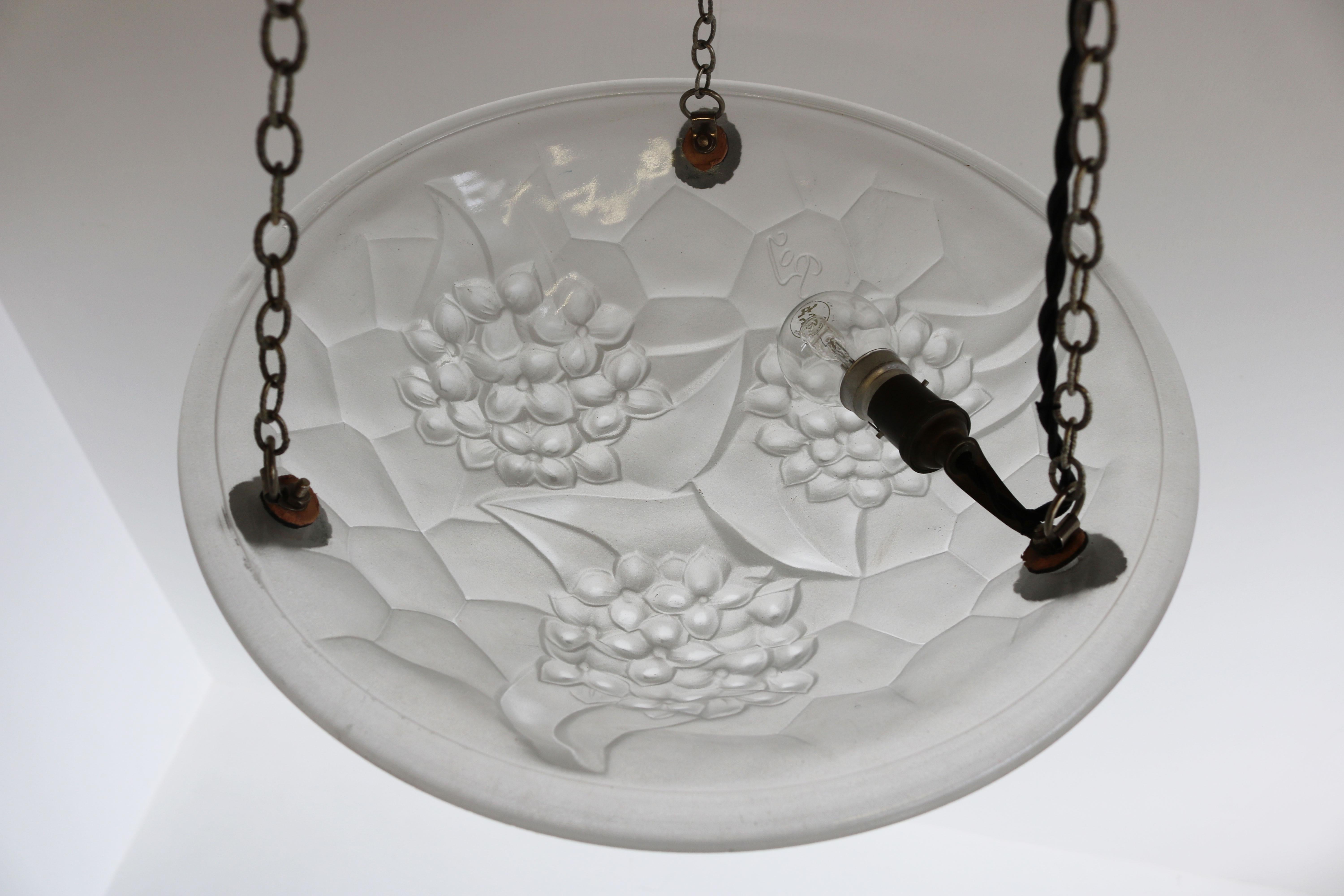 Antique French Art Deco Pendant / Chandelier by David Gueron Degue White Glass For Sale 2
