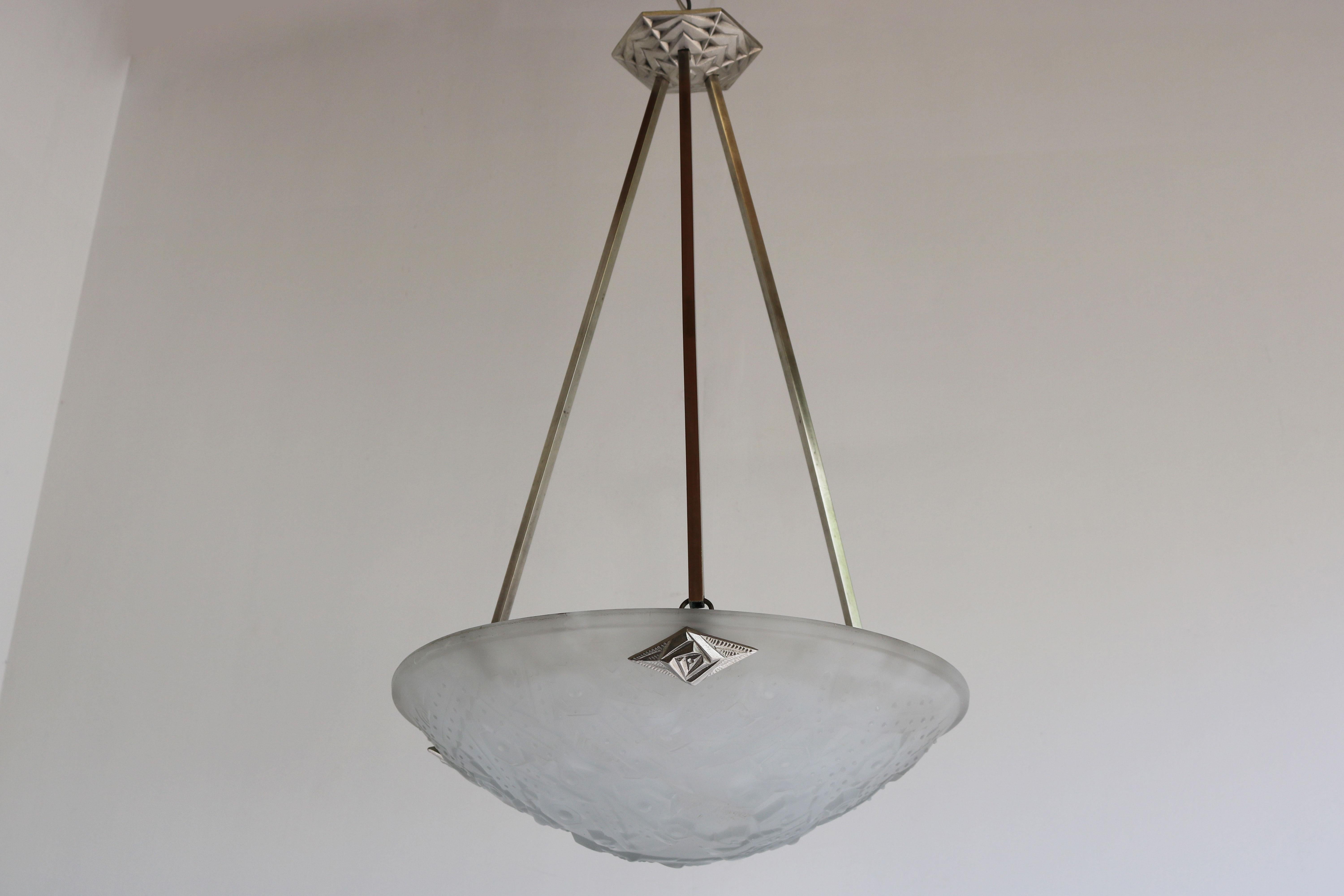 Antique French Art Deco Pendant / Chandelier by Muller Freres White Glass 1930 For Sale 6