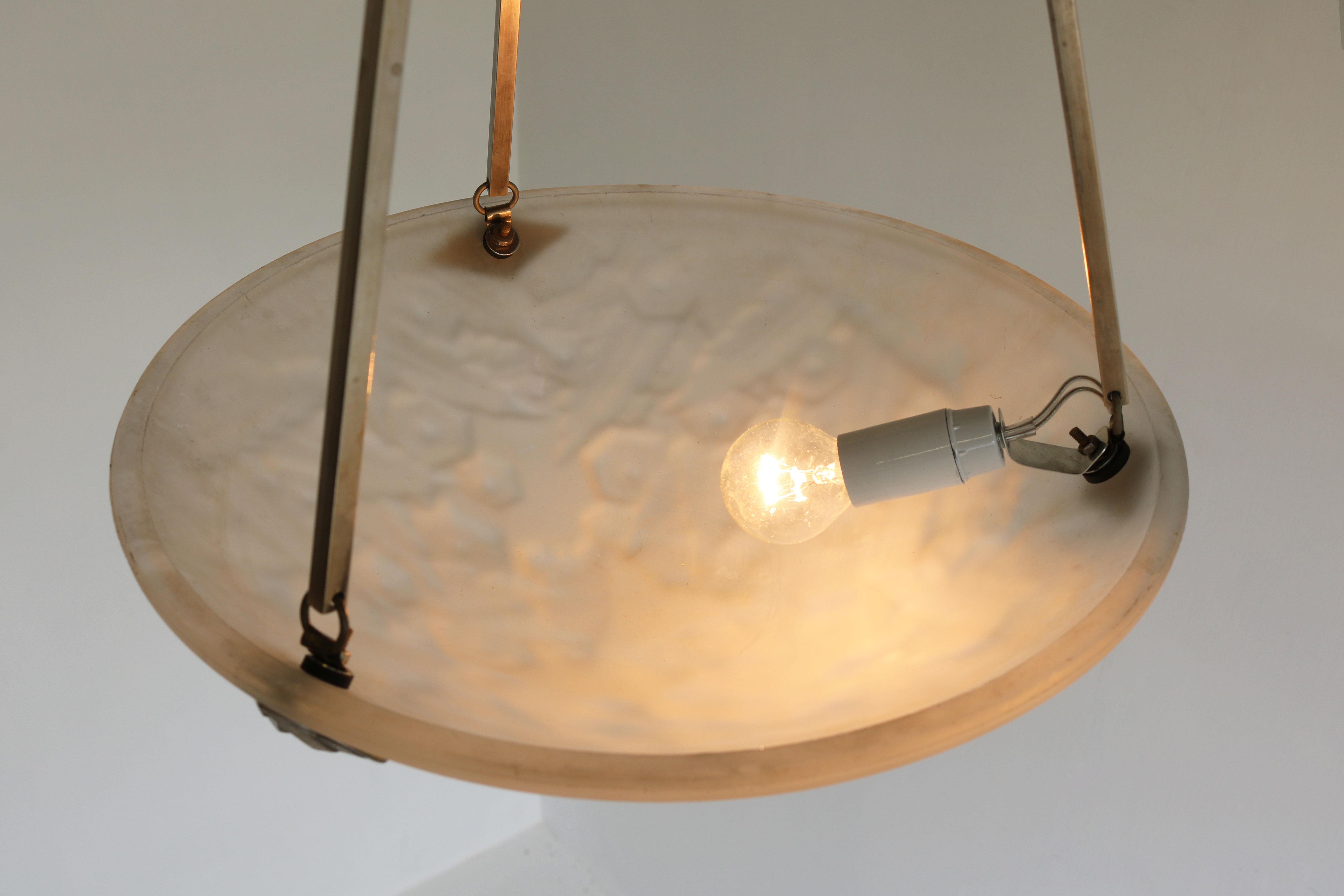 Antique French Art Deco Pendant / Chandelier by Muller Freres White Glass 1930 For Sale 2
