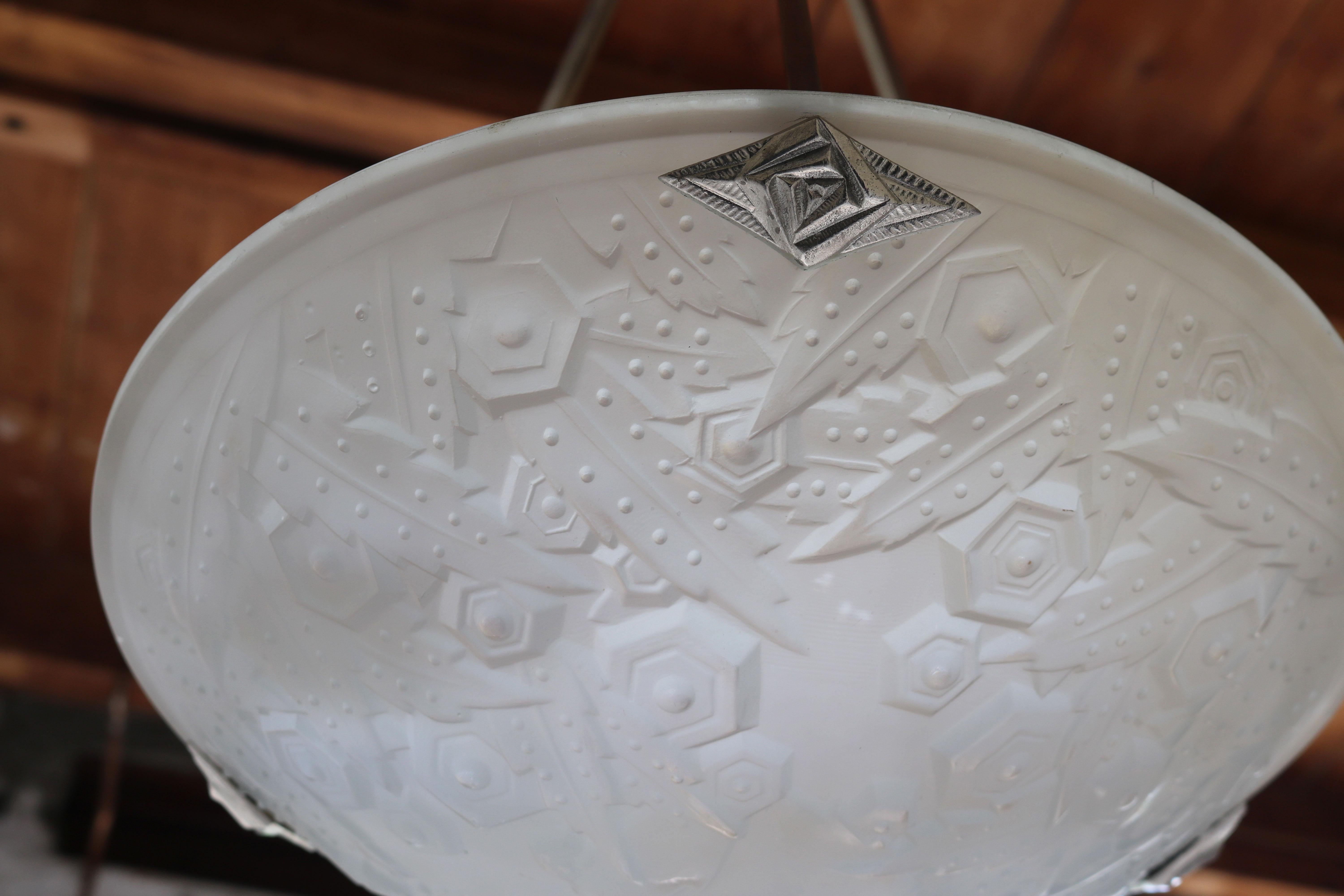 Antique French Art Deco Pendant / Chandelier by Muller Freres White Glass 1930 For Sale 2