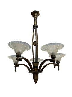 Antique French Art Deco Petitot & Ezan Glass Ceiling Pendant Chandelier Light