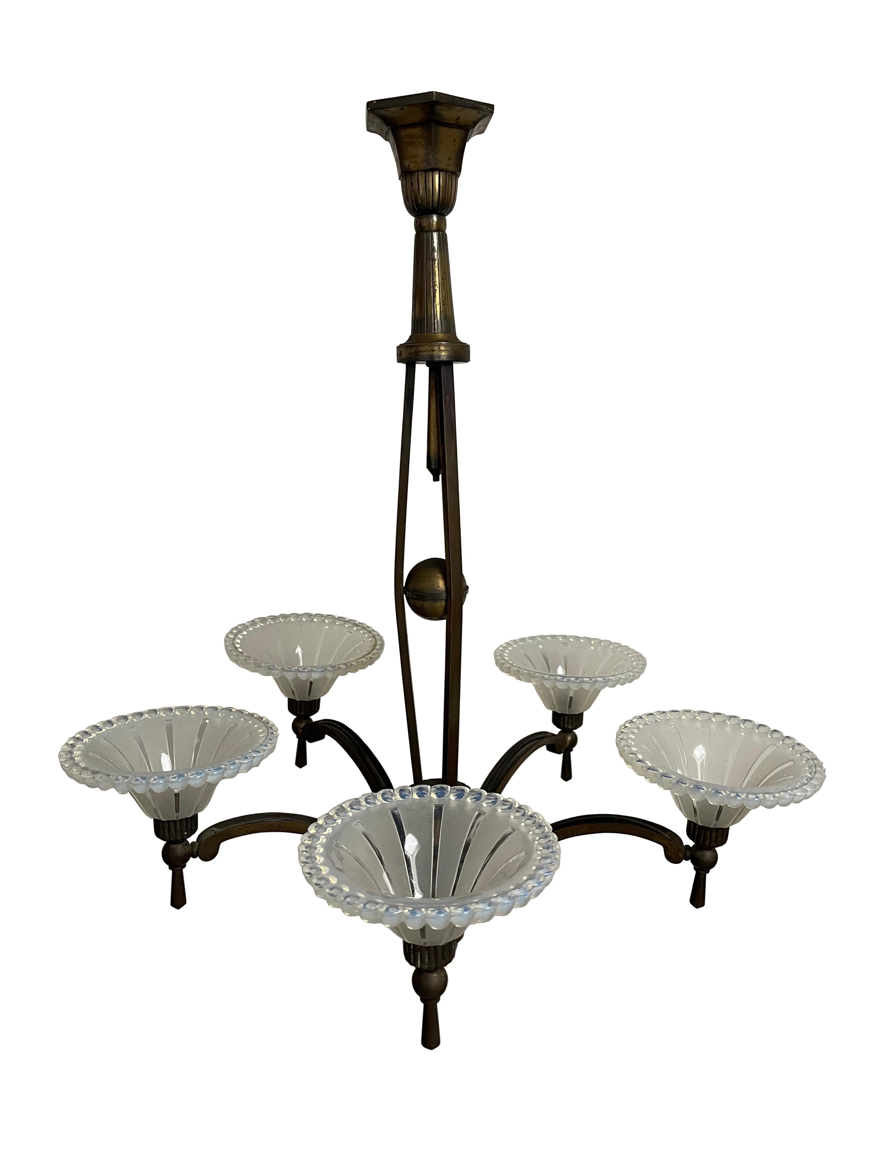 Antique French Art Deco Petitot & Ezan Glass Ceiling Pendant Chandelier Light In Good Condition In Sale, GB