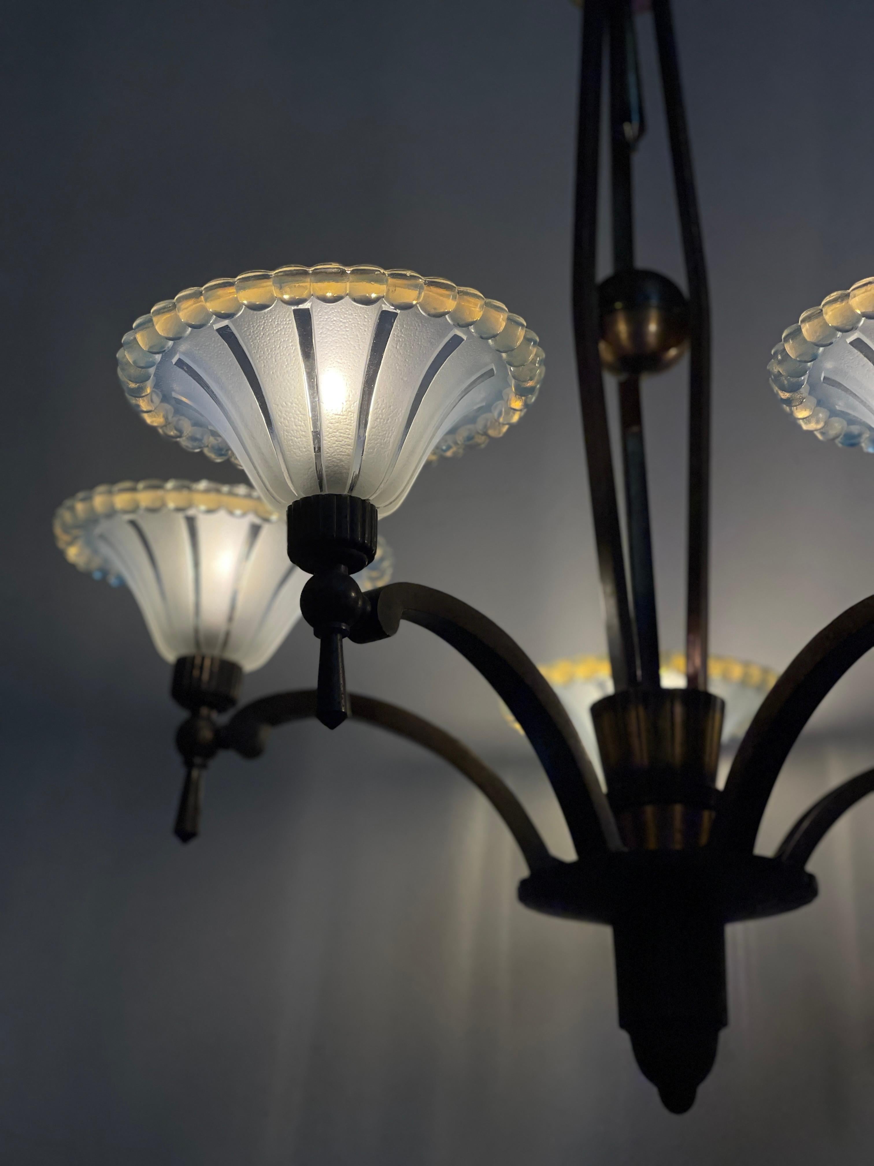Antique French Art Deco Petitot & Ezan Glass Ceiling Pendant Chandelier Light 1
