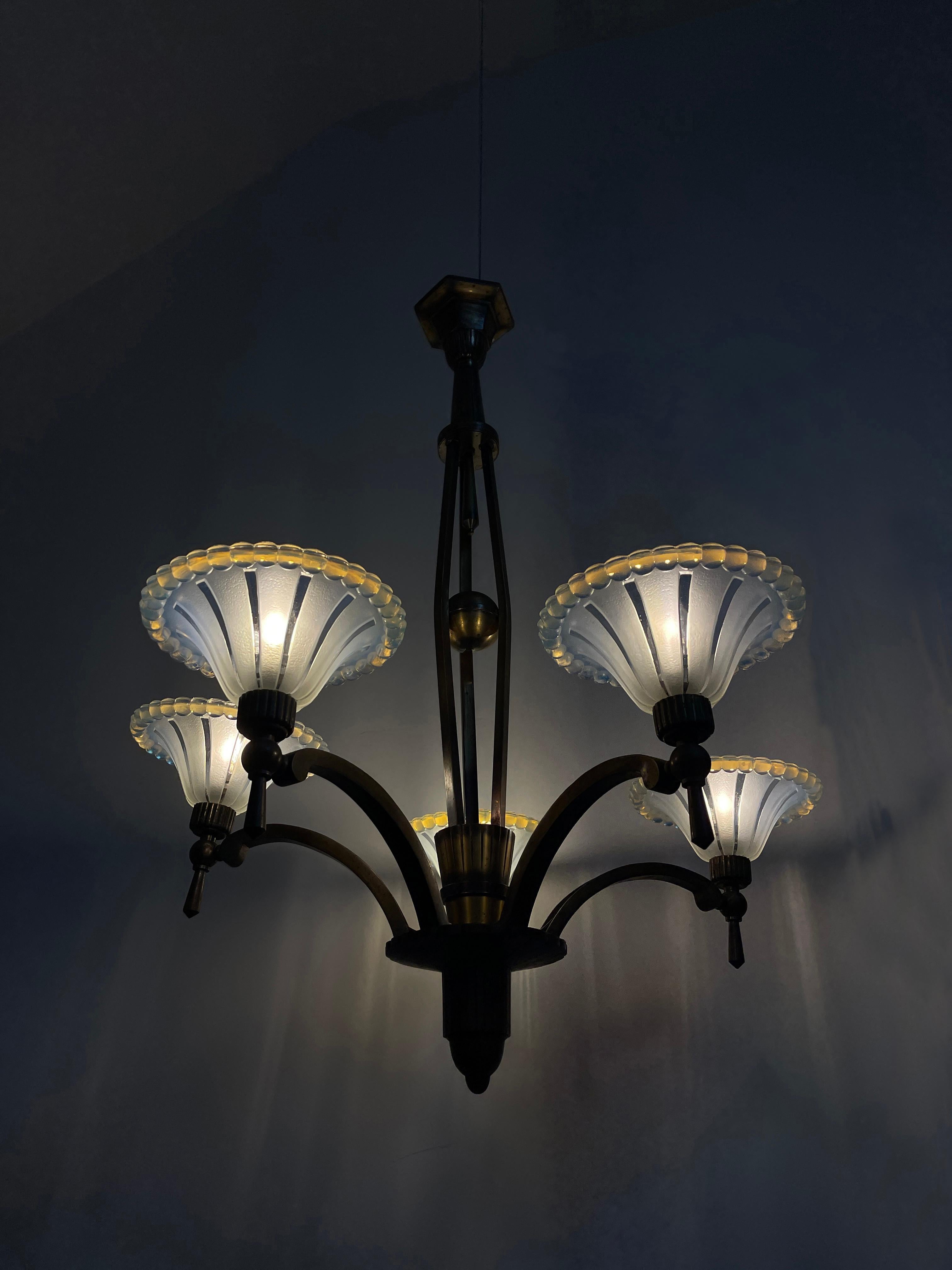 Antique French Art Deco Petitot & Ezan Glass Ceiling Pendant Chandelier Light 2