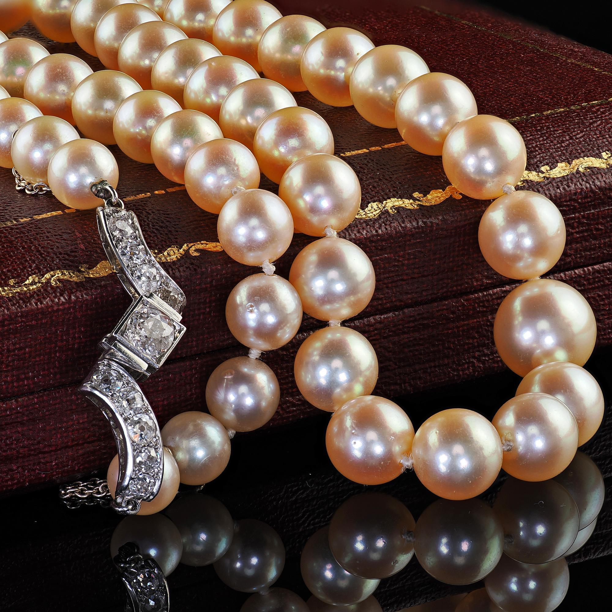 Bellissima collana antica francese Art Deco in platino Old Euro con diamanti e perle Akoya. Questo splendido filo antico di perle Akoya ha una chiusura in platino. Questa collana presenta perle rotonde leggermente graduate che hanno una bellissima
