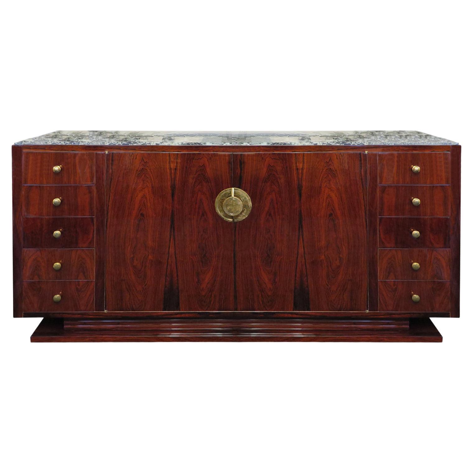 Antique French Art Deco Rosewood Sideboard with Green Marble Top