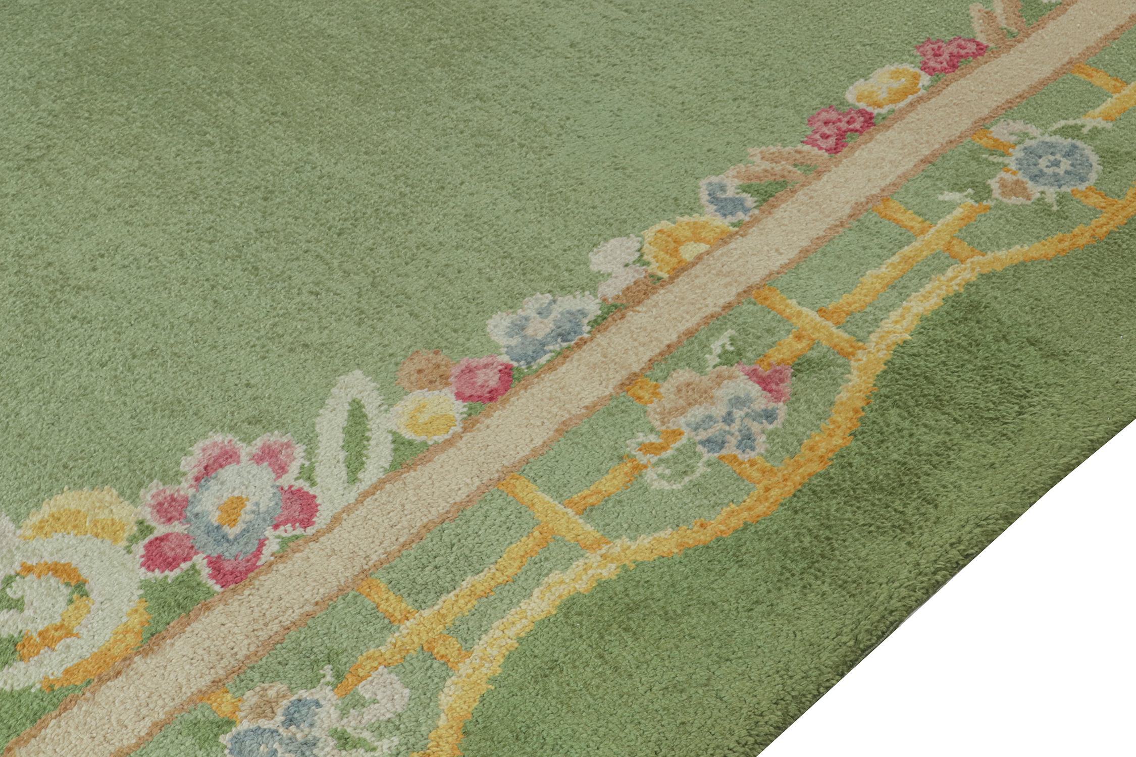 Indian Antique French Art Deco Rug in Green with Pink and Gold Floral by Rug & Kilim For Sale